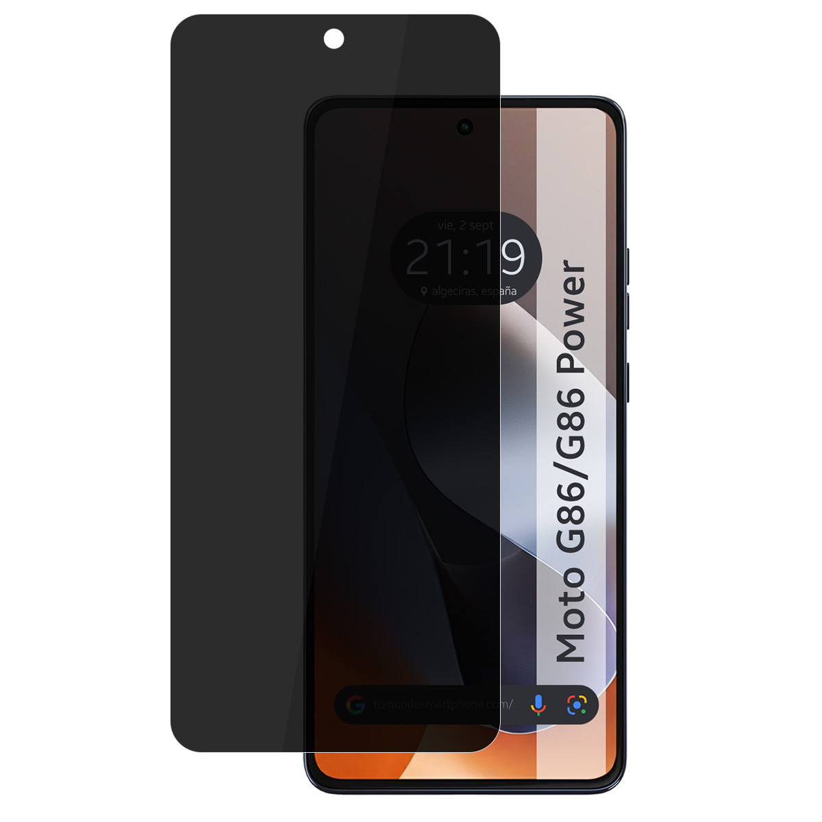 Uno smartphone con protezione schermo. Il telefono mostra ora e posizione. Il testo 'Moto G86 Power' è visibile.