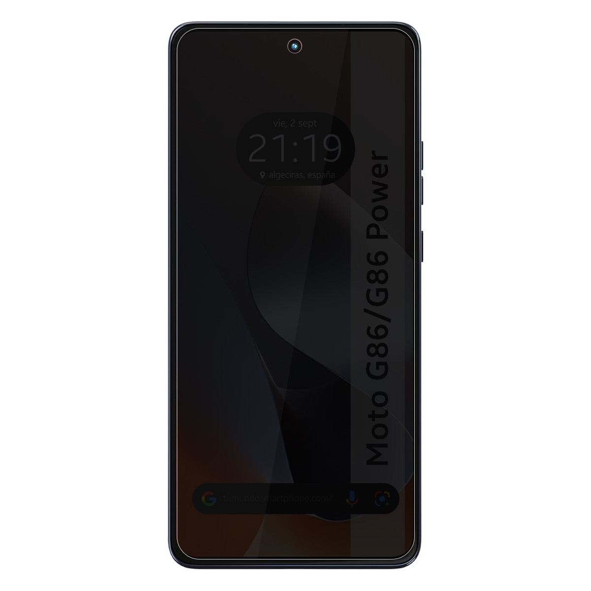 Uno schermo di smartphone mostra l'ora: 21:19, con data e luogo. Il telefono ha uno schermo scuro e il nome Moto G86 Power.
