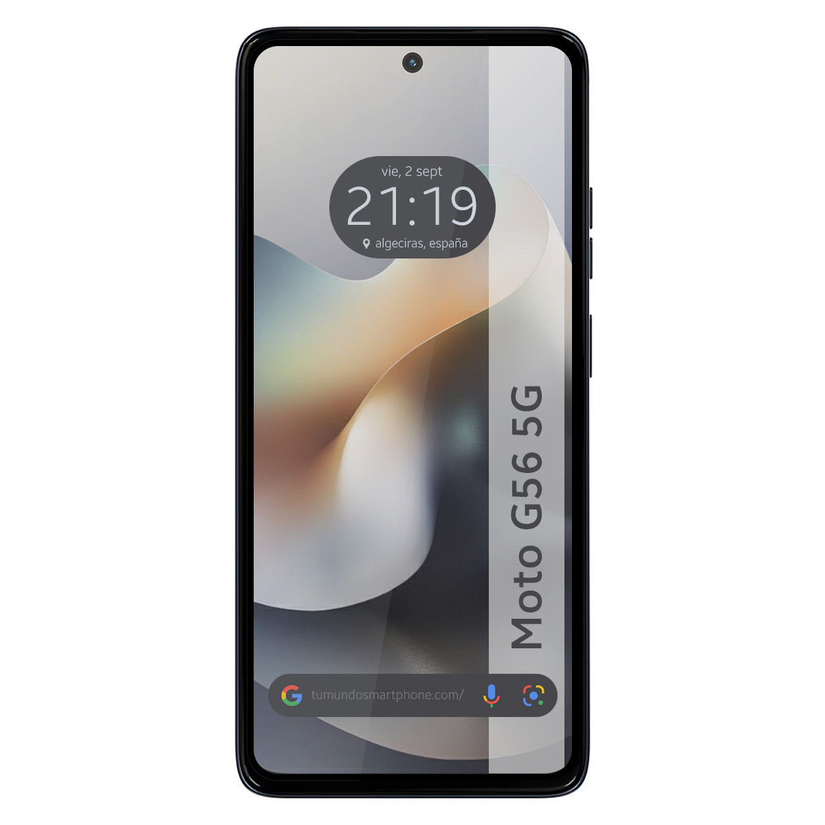 Lo schermo dello smartphone mostra l'ora, la data e la posizione. Il telefono è un Moto G56 5G.