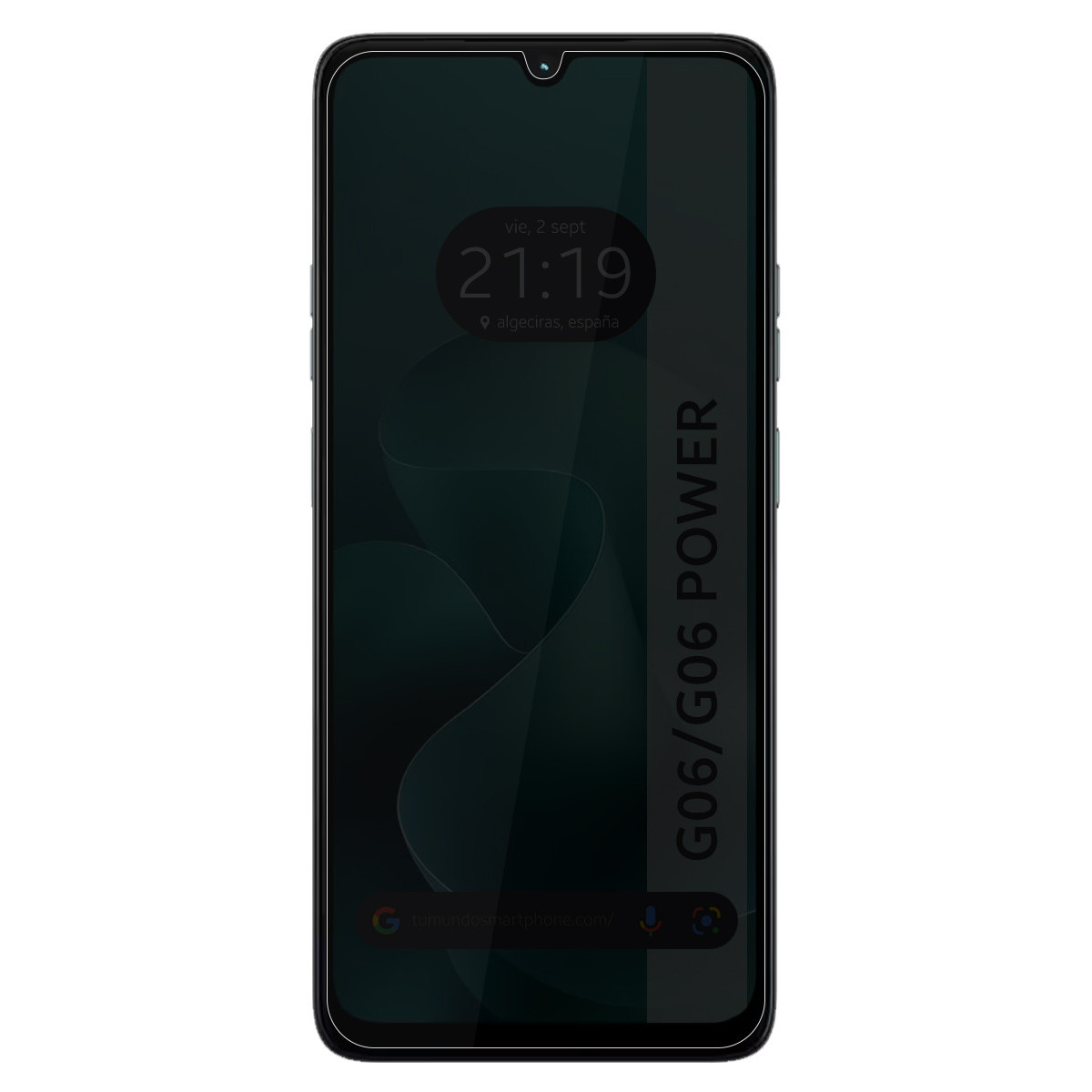 Uno schermo di smartphone che mostra l'ora, la data e il luogo. Il telefono è nero, con le parole 'G06/G06 POWER' sul lato.