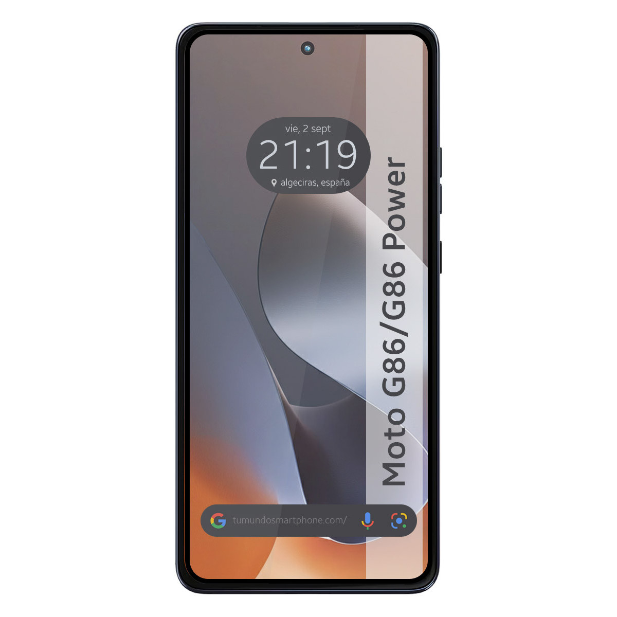 Uno schermo di smartphone che mostra ora, data e posizione. È un Moto G86/G86 Power, con cornice blu. Lo schermo mostra una barra di ricerca.