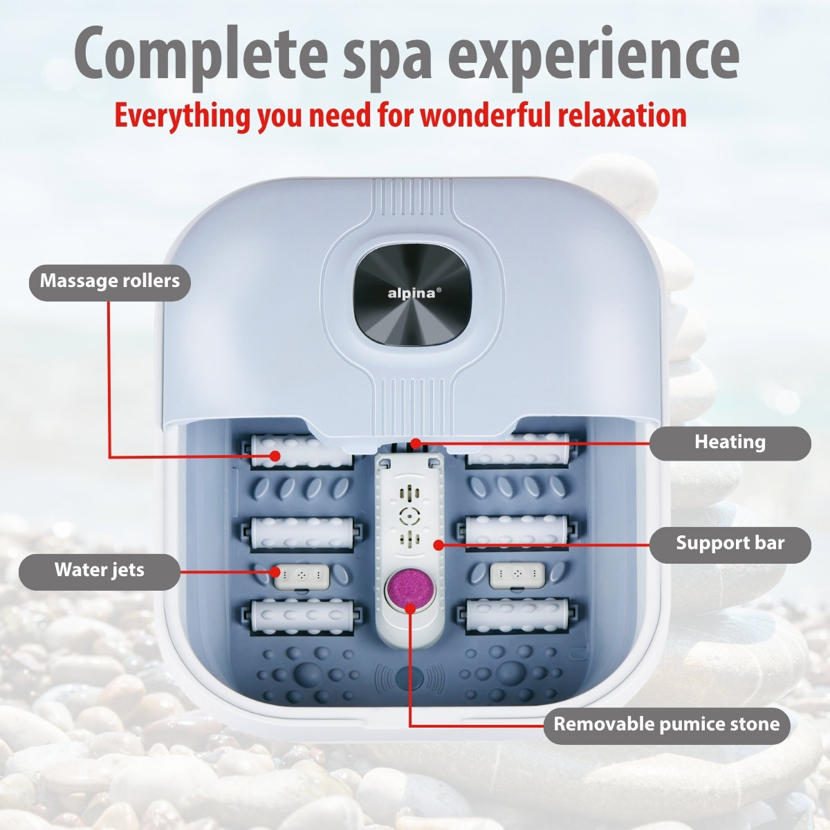 Fußbad mit Massagerollen, Wasserstrahlen und Heizung. Hat ein Bedienfeld und einen abnehmbaren Bimsstein. Text: Komplettes Spa-Erlebnis.