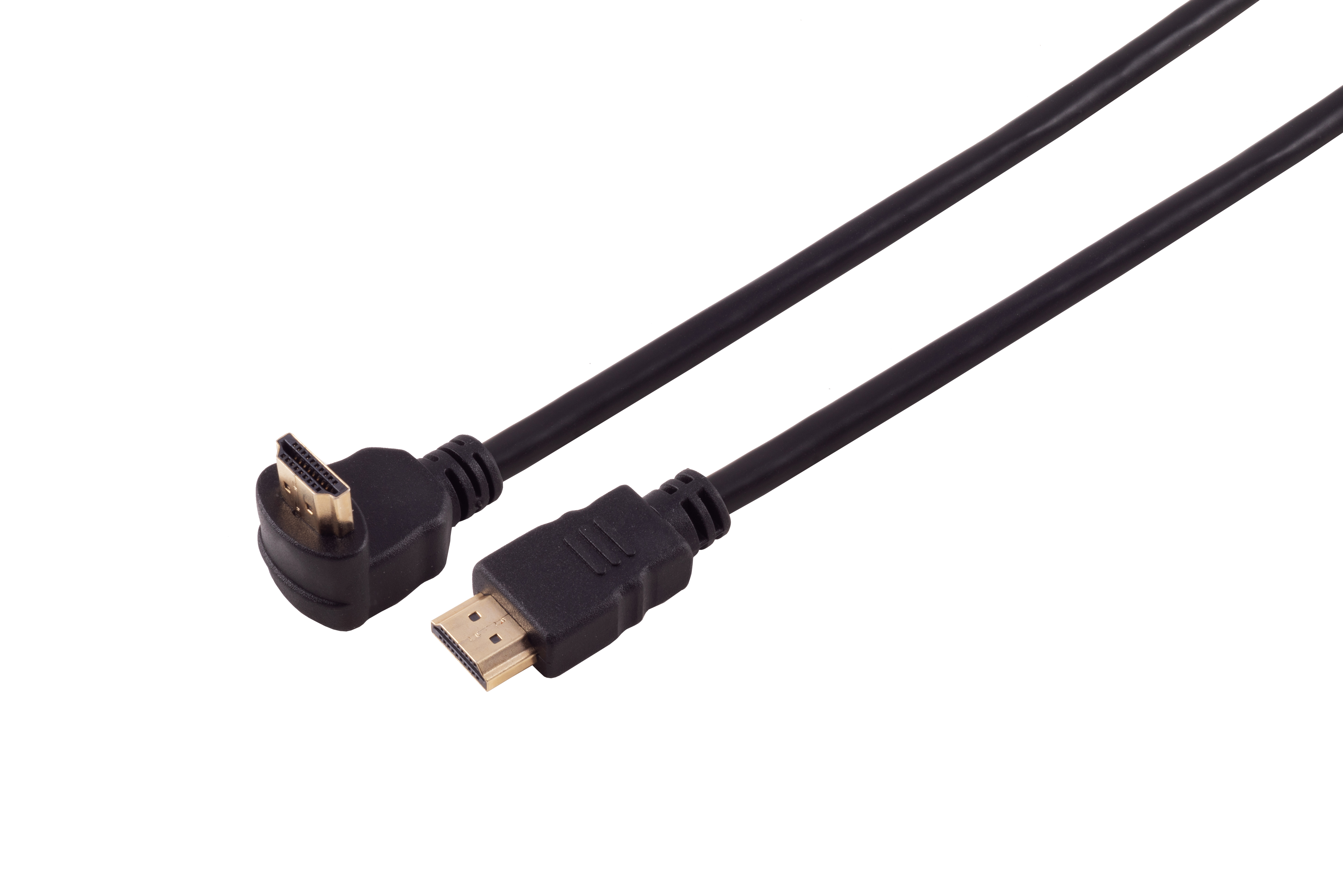 Schwarzes HDMI-Kabel mit goldenen Steckern auf weißem Hintergrund. Ein Stecker ist abgewinkelt.