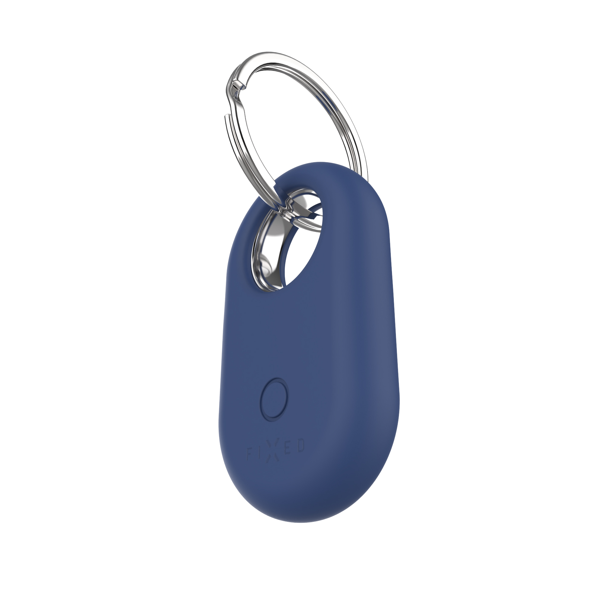 Blauer Schlüsselfinder mit silbernem Schlüsselring. Das Wort FIXED ist auf dem Key Finder aufgedruckt. Weißer Hintergrund.