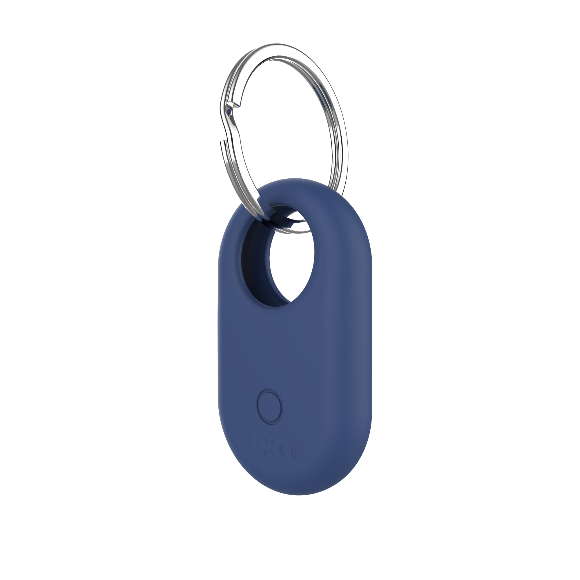 Ein blaues, ovales Schlüsselanhänger-Tag mit einem silbernen Ring. Das Tag hat einen Knopf und den Markennamen 'FIXED'.