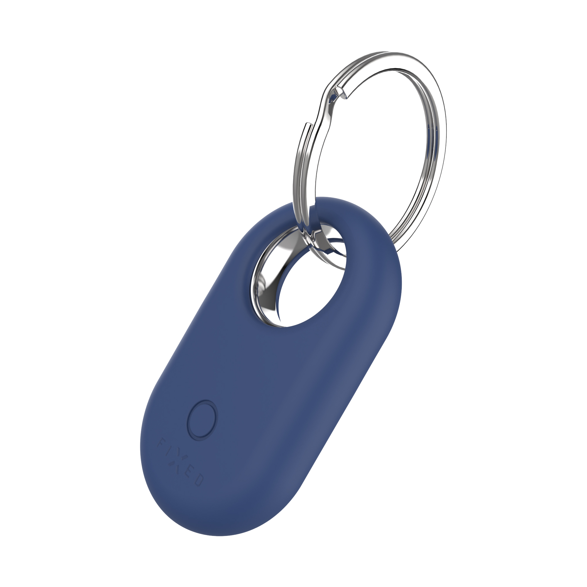 Ein blaues, ovales Schlüsselanhänger-Tag mit einem silbernen Schlüsselring. Das Tag hat einen Knopf und das Wort 'FIXED'.