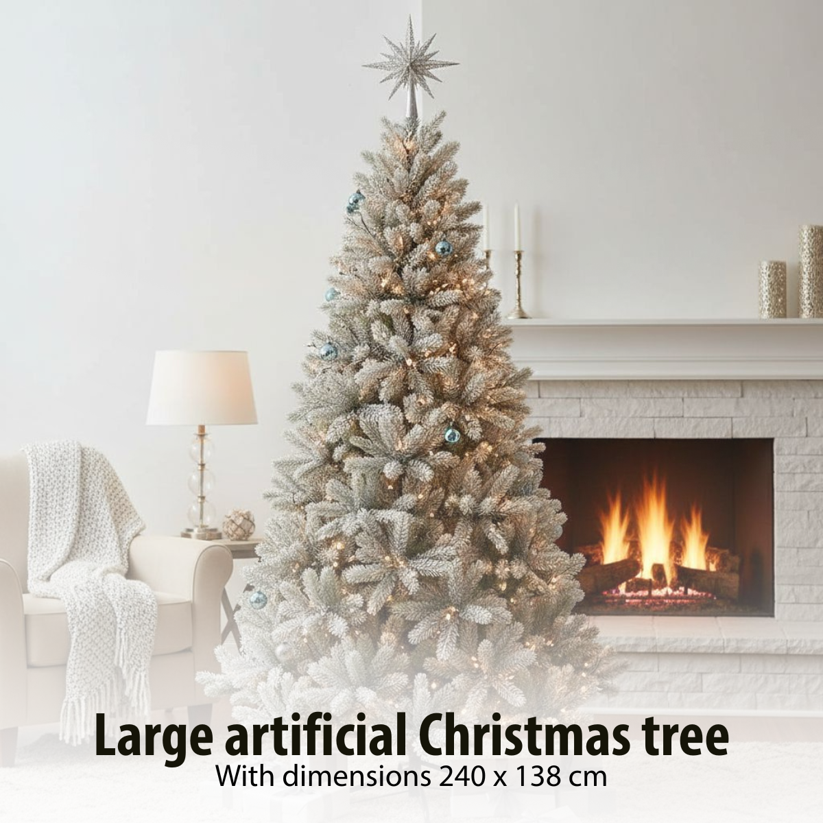 Un grand sapin de Noël artificiel se dresse dans une pièce. Il a des ornements bleus et une étoile au sommet, avec une cheminée en arrière-plan.