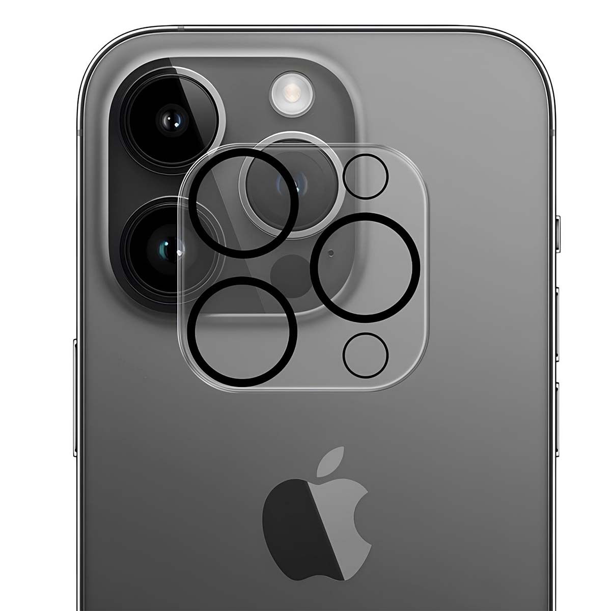 Szary tył iPhone'a z obiektywami aparatu i przezroczystą osłoną. Logo Apple na dole.