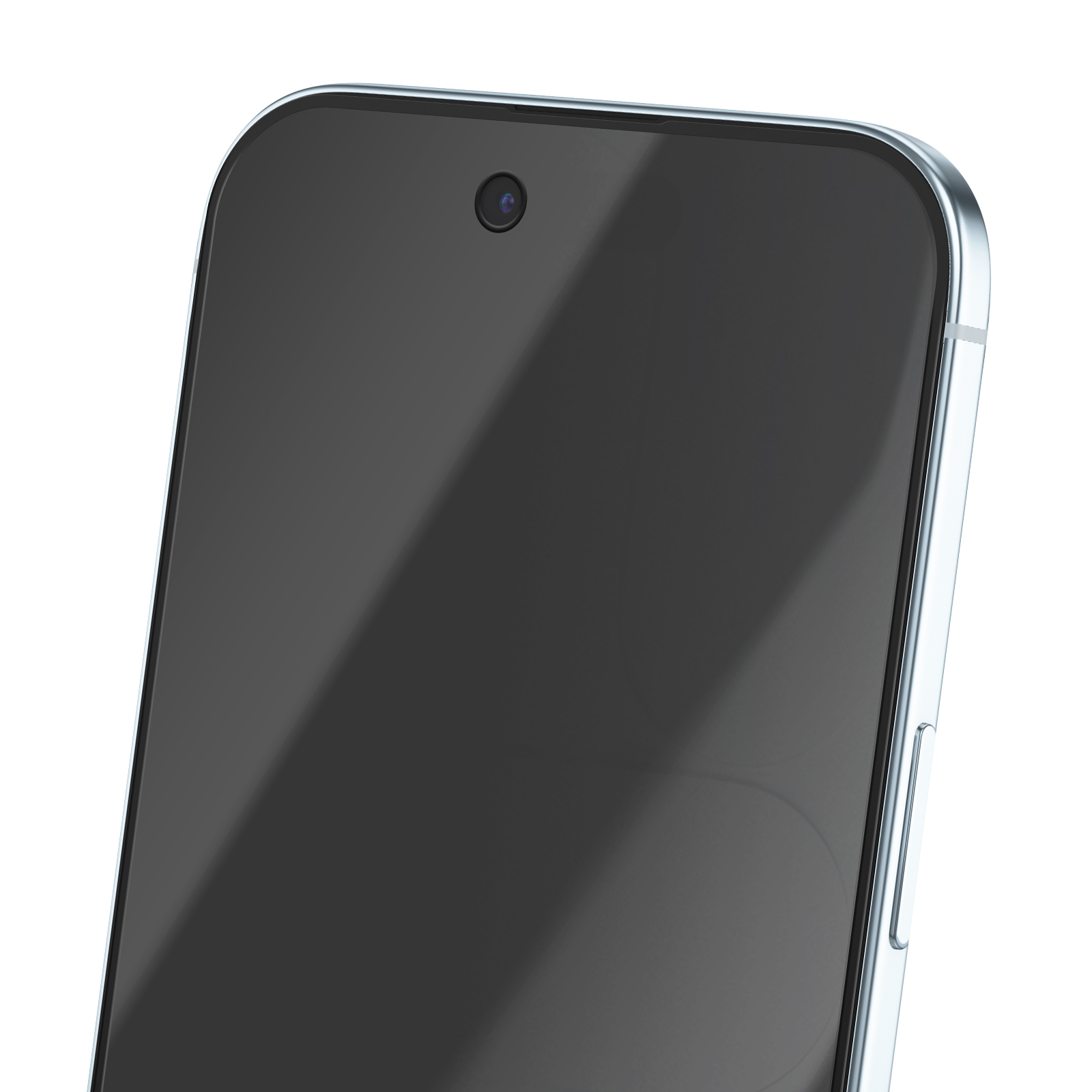 Gros plan d'un smartphone. L'écran est noir, avec une petite caméra en haut. Les bords sont métalliques.