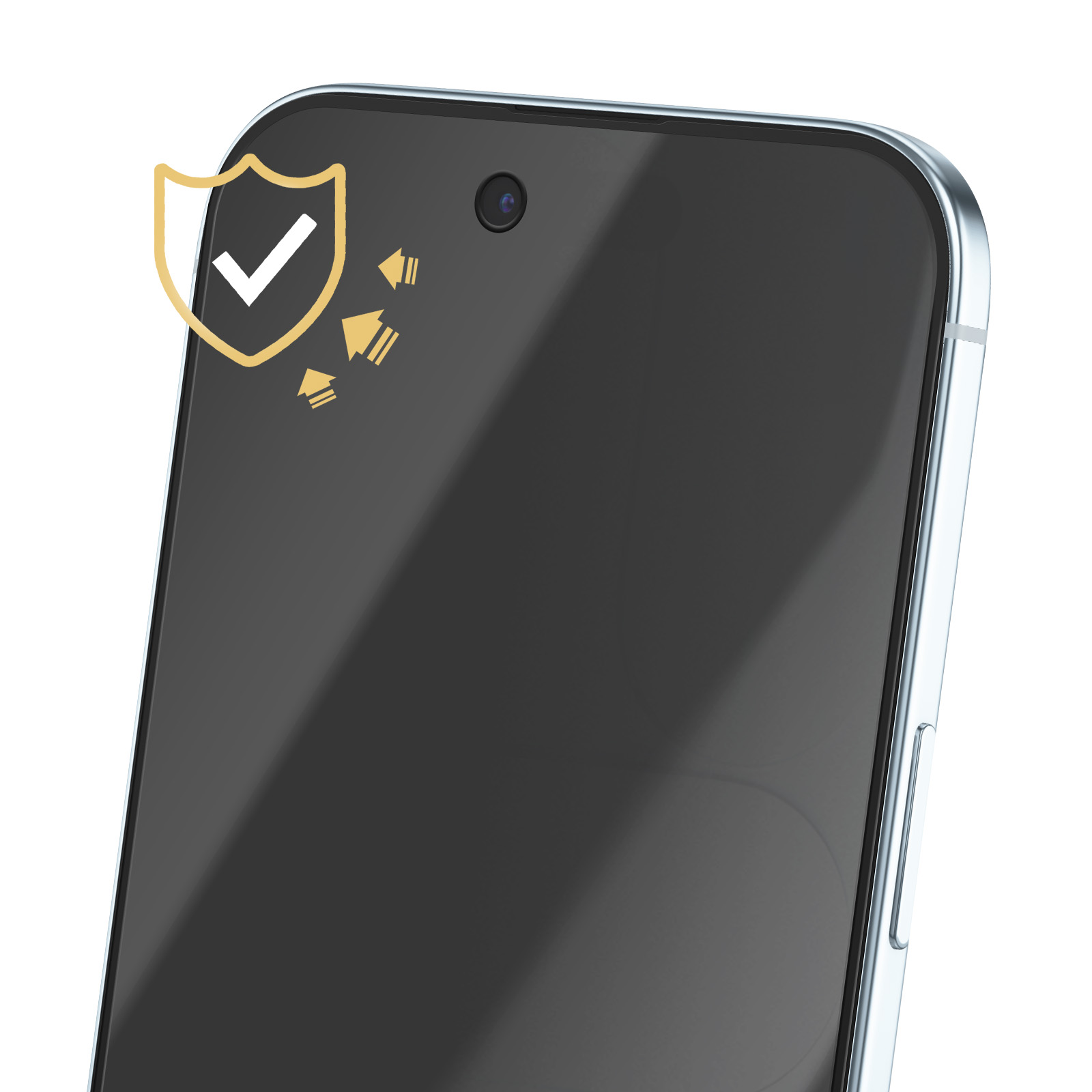 Un smartphone avec un protecteur d'écran. Une icône de bouclier avec une coche et des flèches sont visibles.