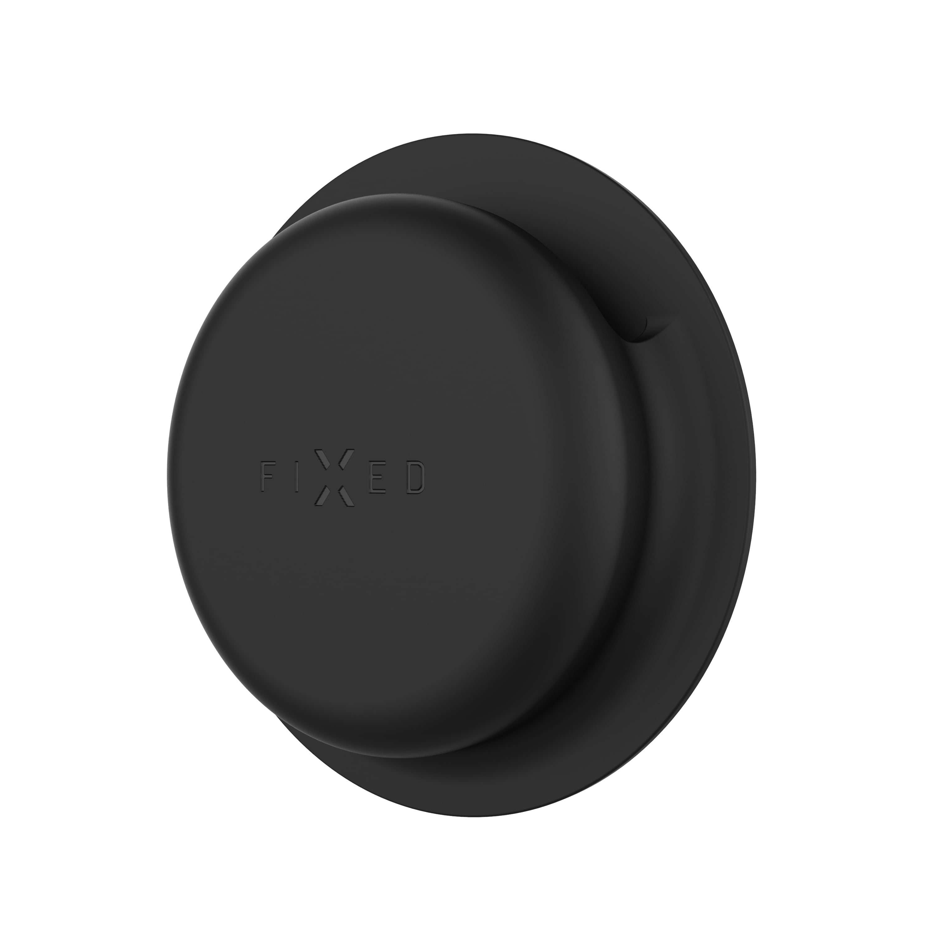 Ein schwarzes, kreisförmiges Telefonzubehör mit dem geprägten Wort 'FIXED' auf weißem Hintergrund.