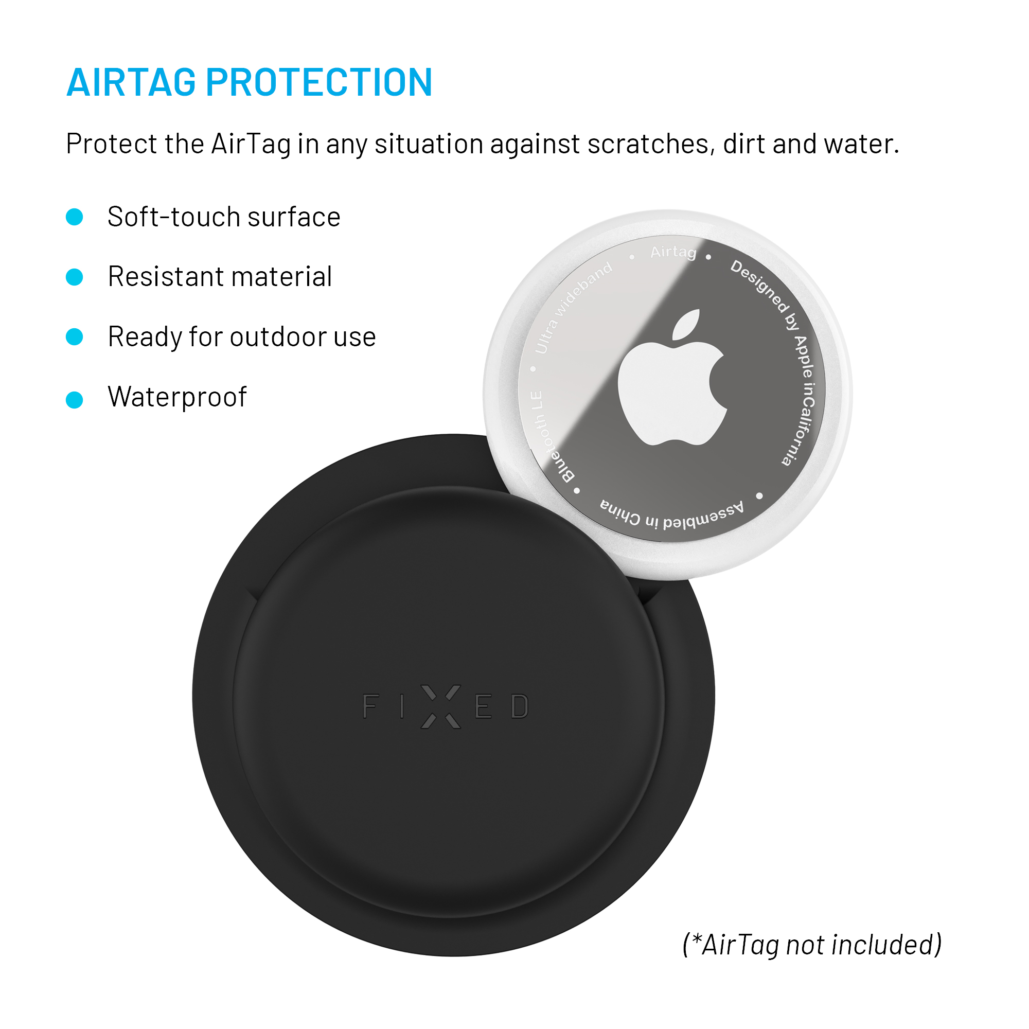 Das Bild zeigt einen AirTag-Schutz mit einem AirTag. Der Text hebt Schutzmerkmale hervor: Soft-Touch, widerstandsfähiges Material, wasserdicht.