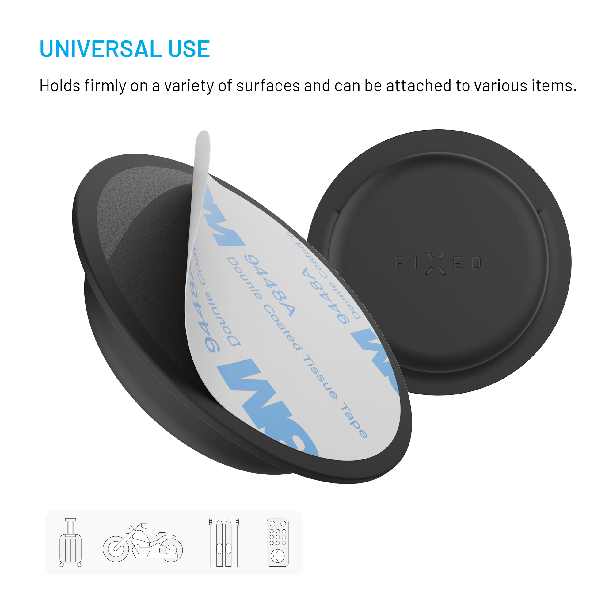 Schwarze Klebepads mit abgezogenem weißem Träger. Text: 'Double Coated Tissue Tape'. Auf anderem Pad steht 'FIXED'.