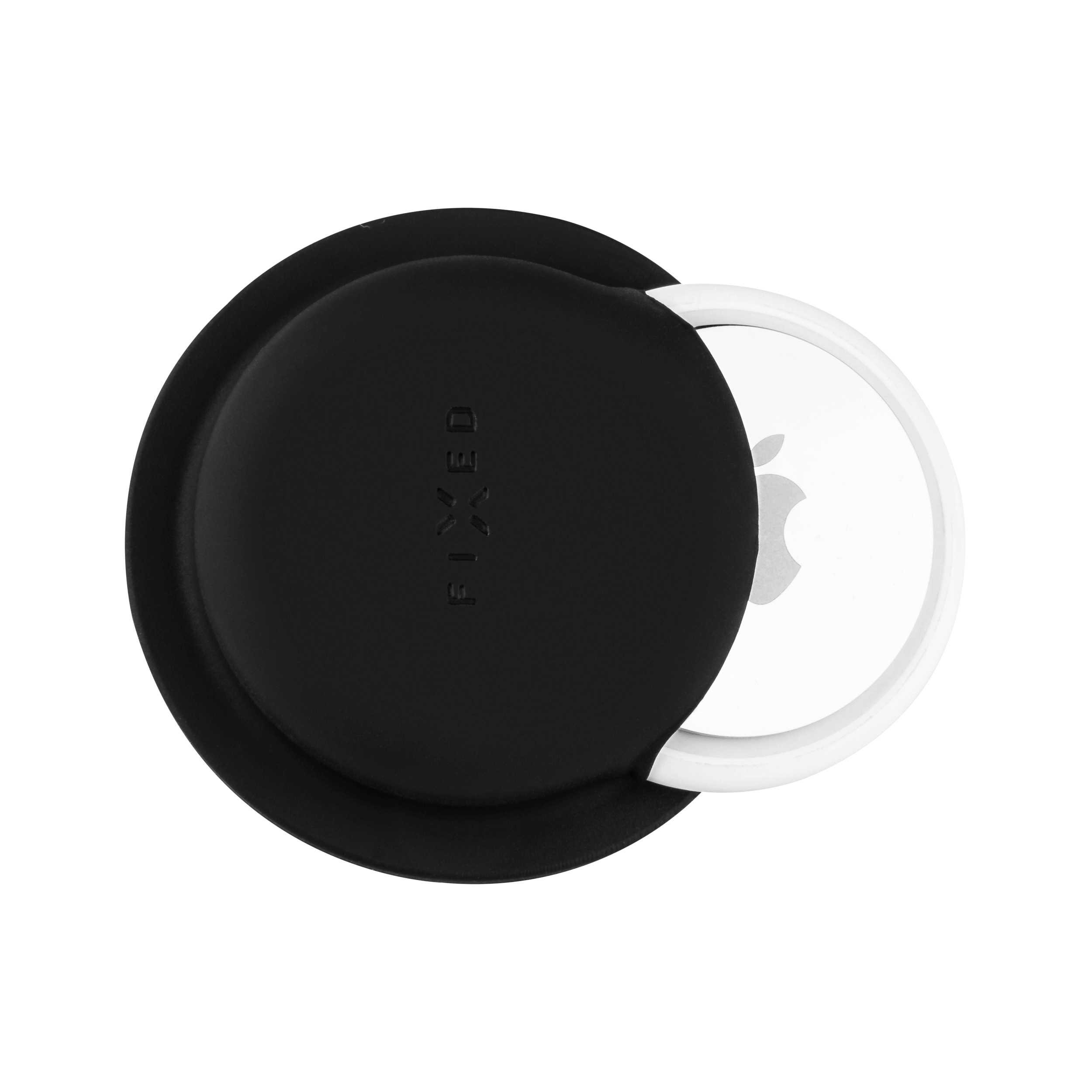 Schwarzes kreisförmiges Gehäuse mit eingeprägtem 'FIXED', das ein weißes Apple AirTag hält. Apple-Logo sichtbar.