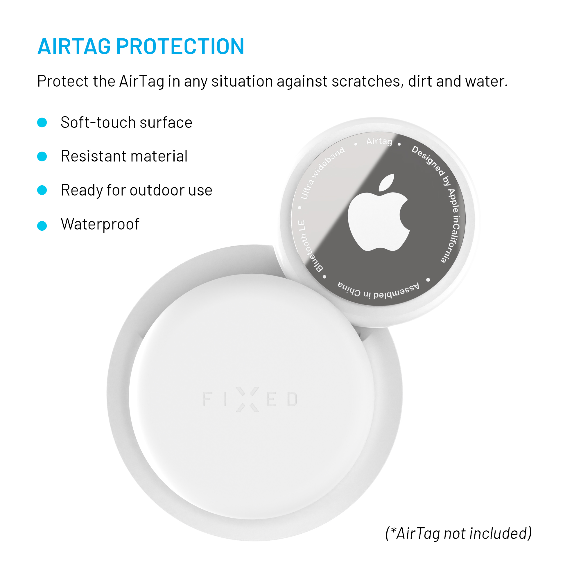 Das Bild zeigt eine weiße AirTag-Hülle. Sie hat das AirTag, das Apple-Logo und das Wort FIXED.