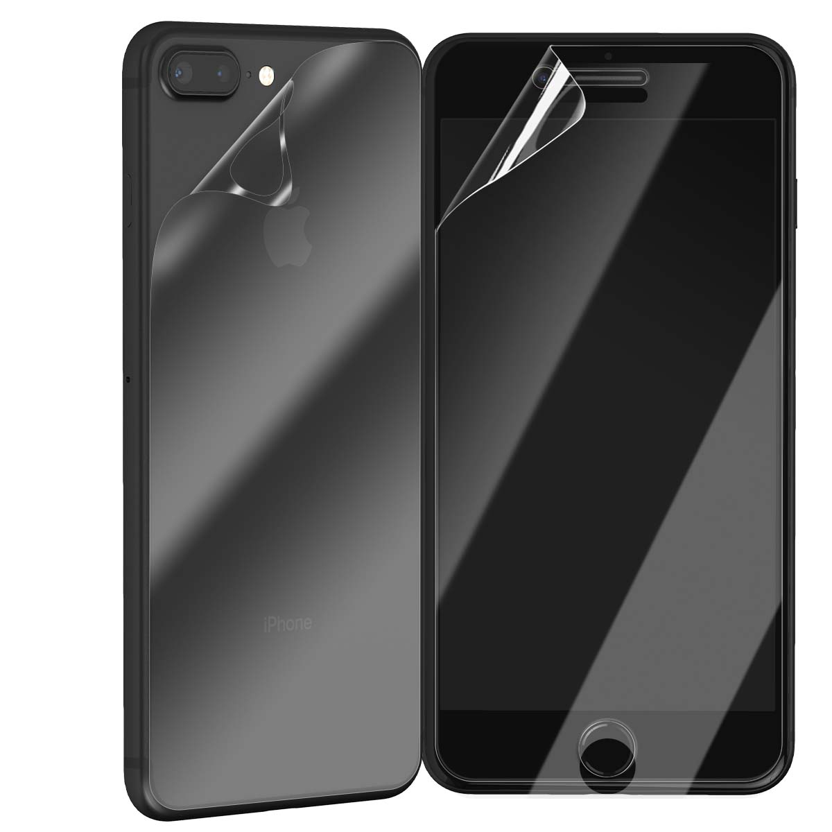 Due iPhone neri con protezioni schermo parzialmente staccate. Uno mostra il logo Apple. Lo schermo è nero, con tasto home.