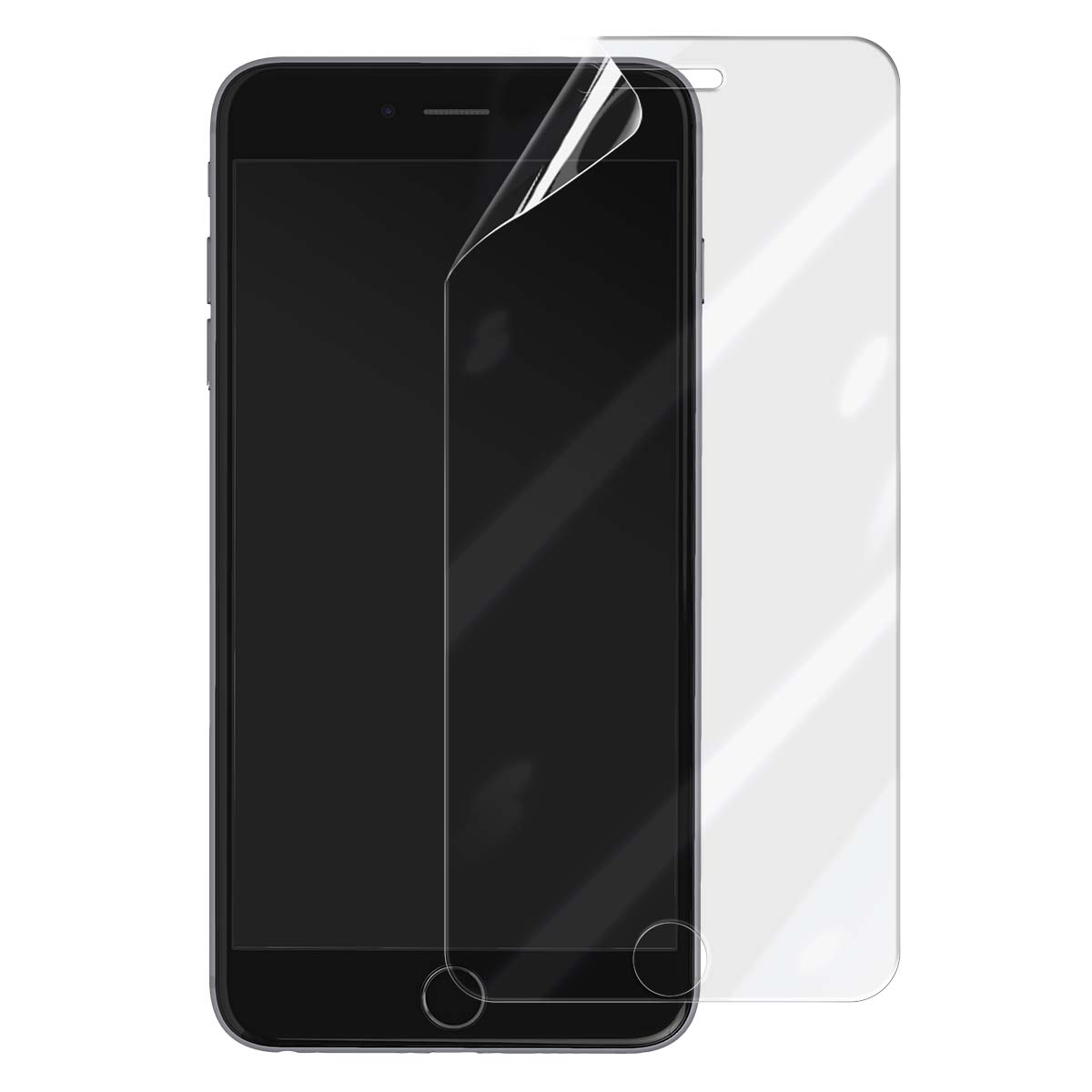 Uno smartphone nero con una protezione per lo schermo in fase di applicazione. La protezione è parzialmente staccata, rivelando lo schermo.