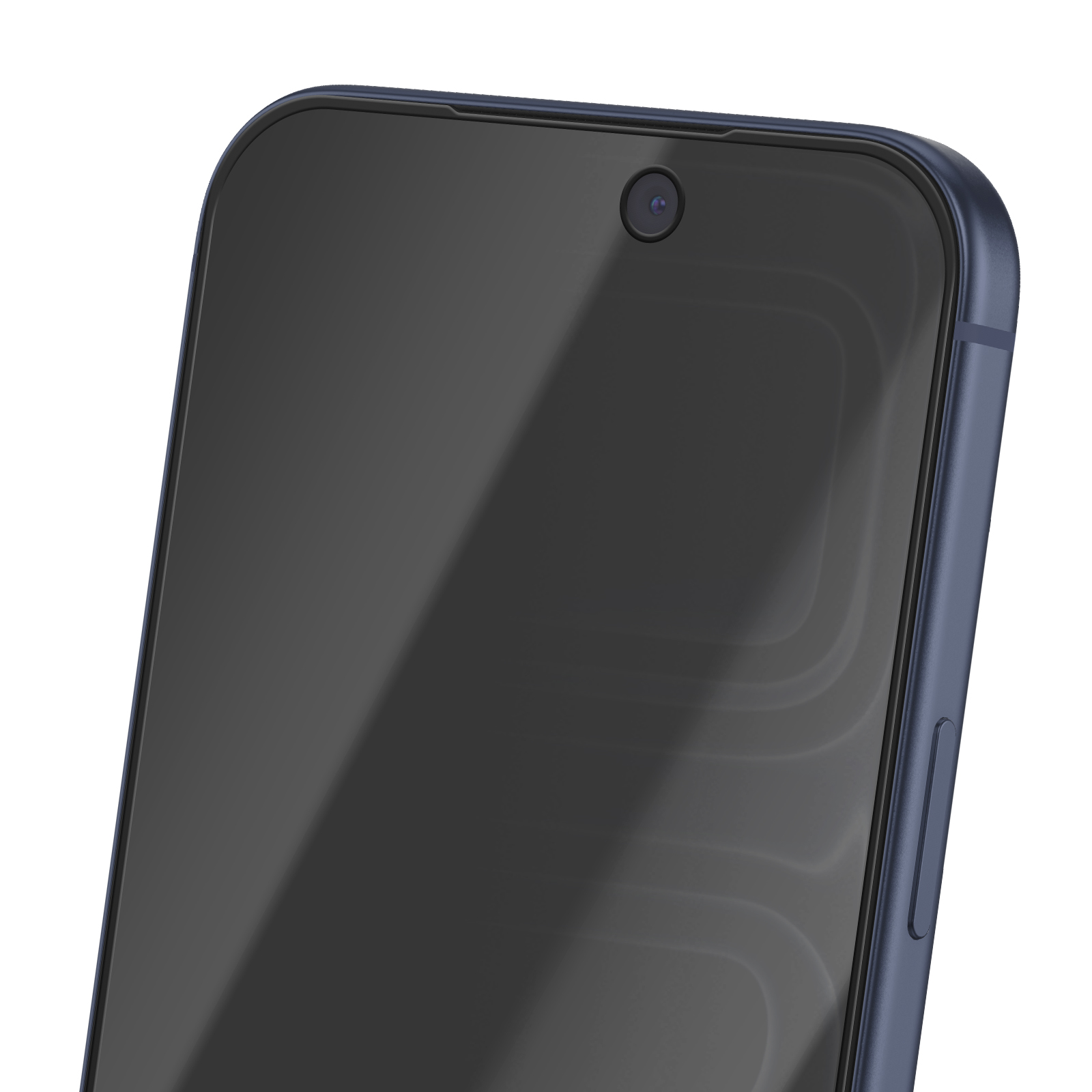 Primo piano di uno smartphone blu. Lo schermo è scuro, con una fotocamera frontale. Il lato ha un pulsante di accensione.
