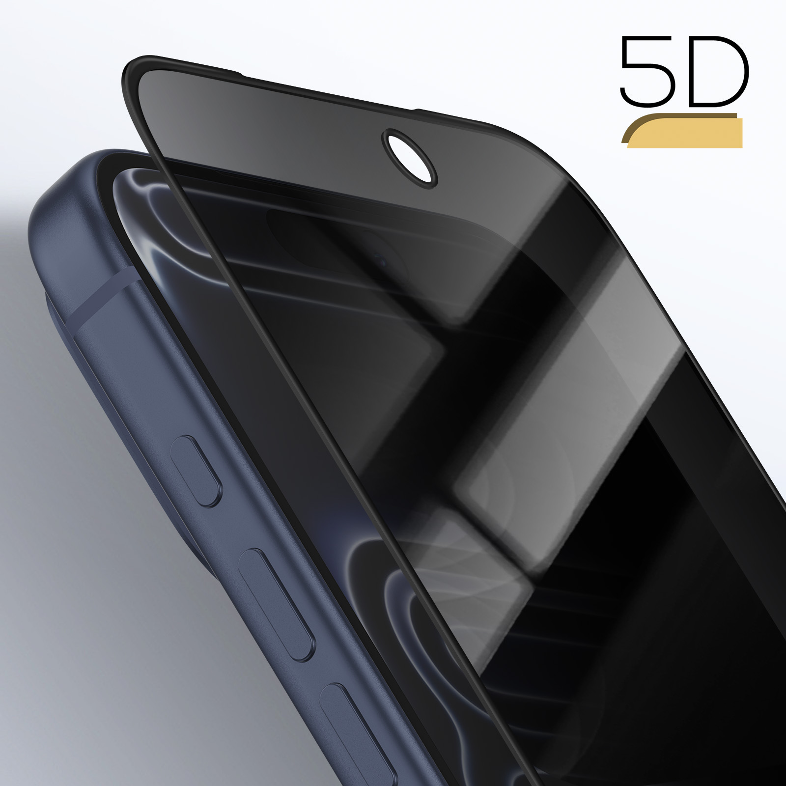 Un telefono con protezione schermo. Il telefono è blu scuro. Un'etichetta 5D è in alto a destra.