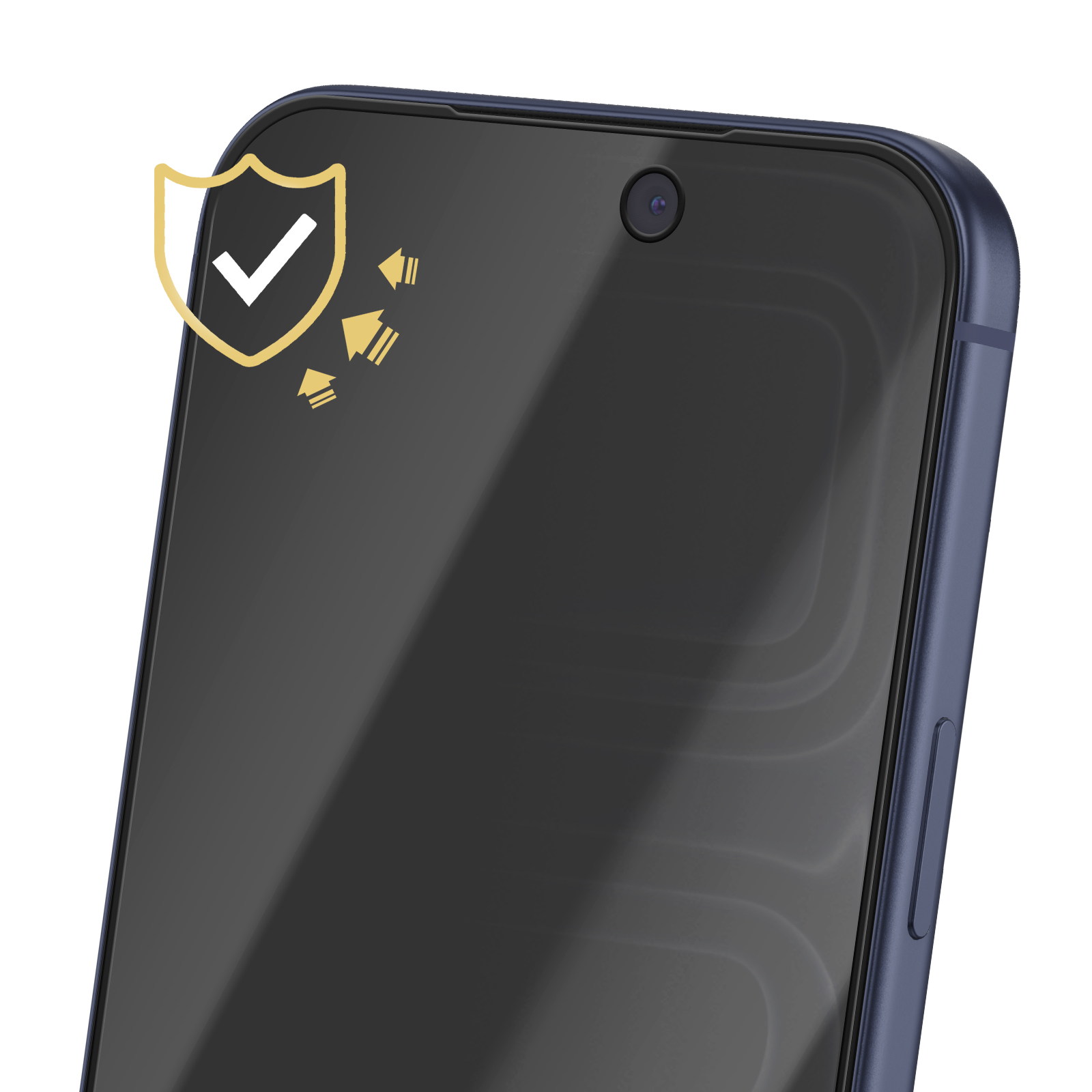 Primo piano di un telefono scuro con fotocamera, scudo con segno di spunta e frecce che puntano dal telefono.