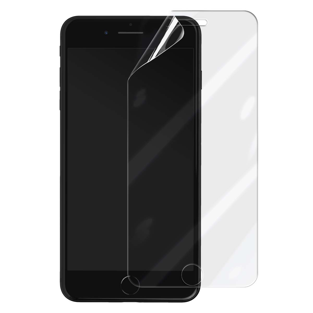 Uno smartphone nero con una protezione schermo parzialmente staccata. La protezione è trasparente e bianca. Il telefono è su sfondo bianco.