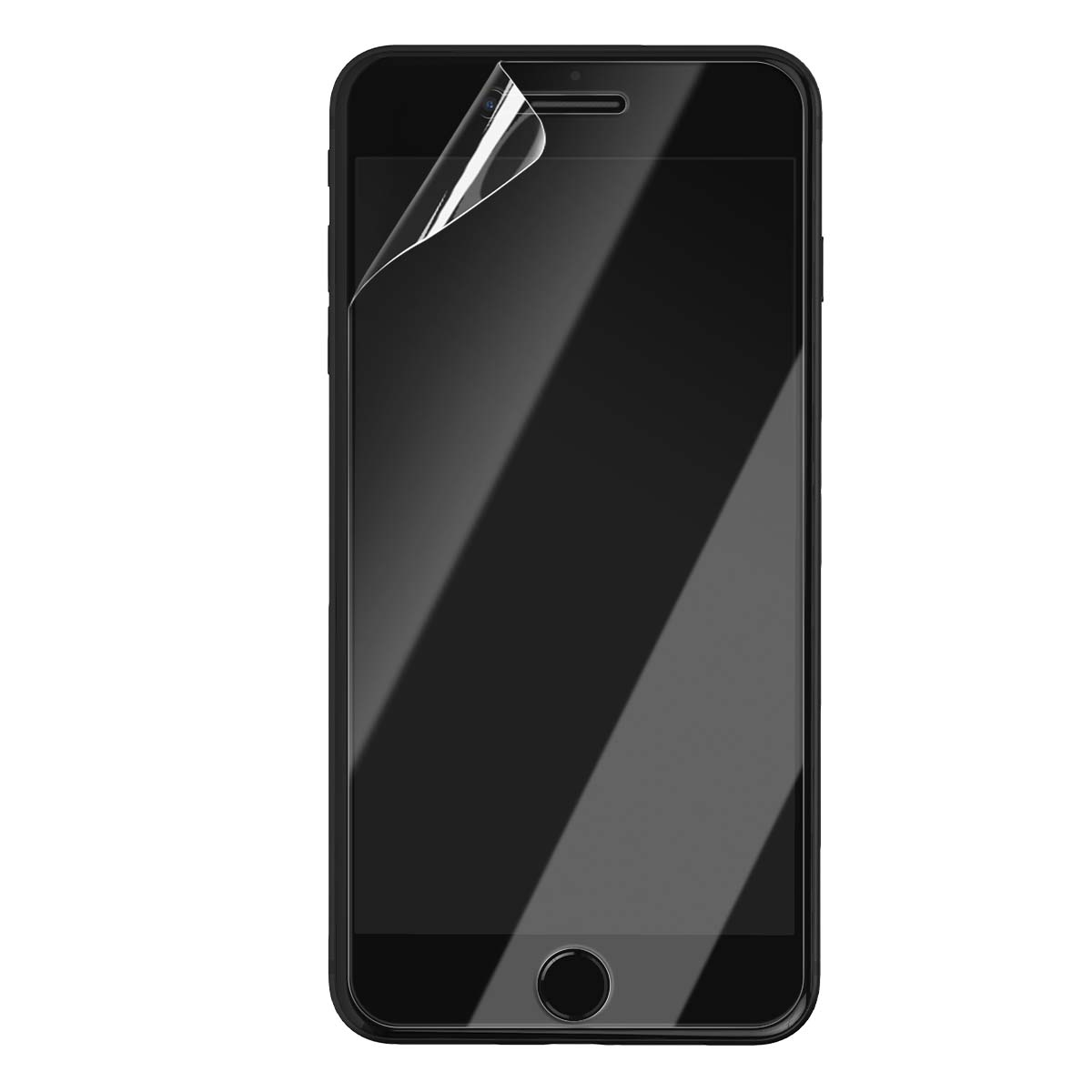 Uno smartphone nero con una protezione schermo parzialmente staccata. Il telefono ha un pulsante home e una fotocamera frontale.