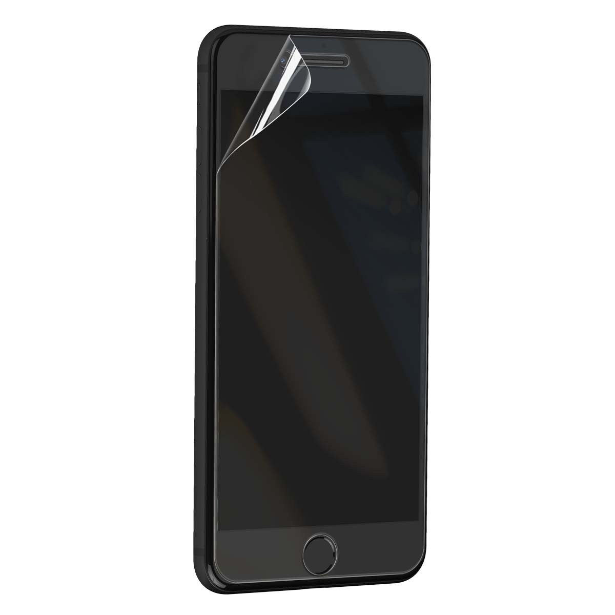 Uno smartphone nero con una protezione schermo parzialmente staccata, su sfondo bianco.