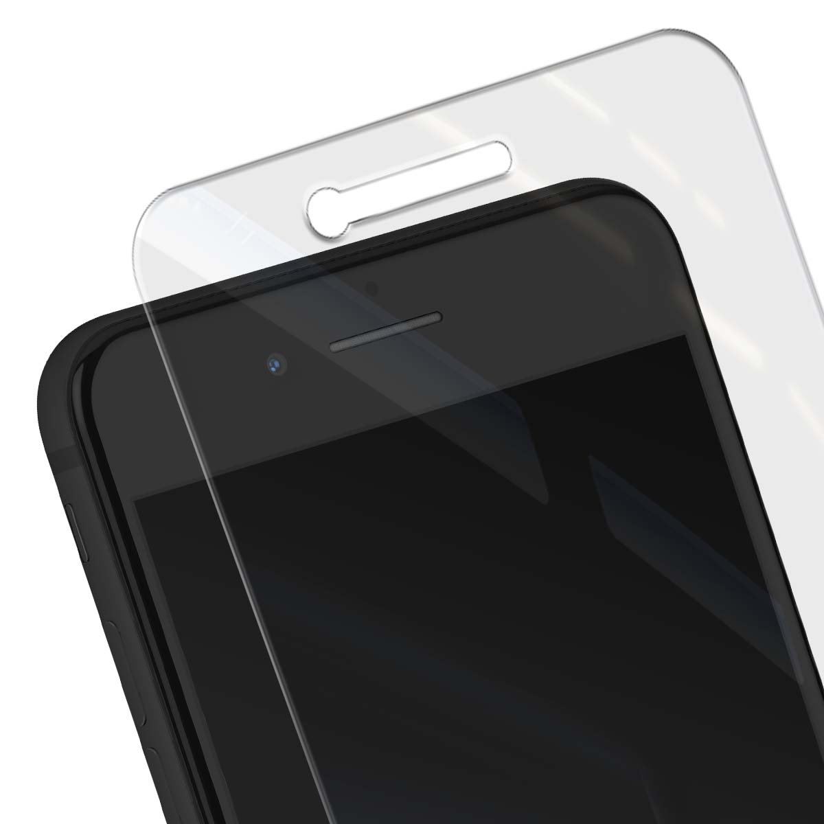 Uno smartphone nero con una protezione per lo schermo. La protezione per lo schermo è trasparente con un ritaglio per l'auricolare. Sfondo bianco.