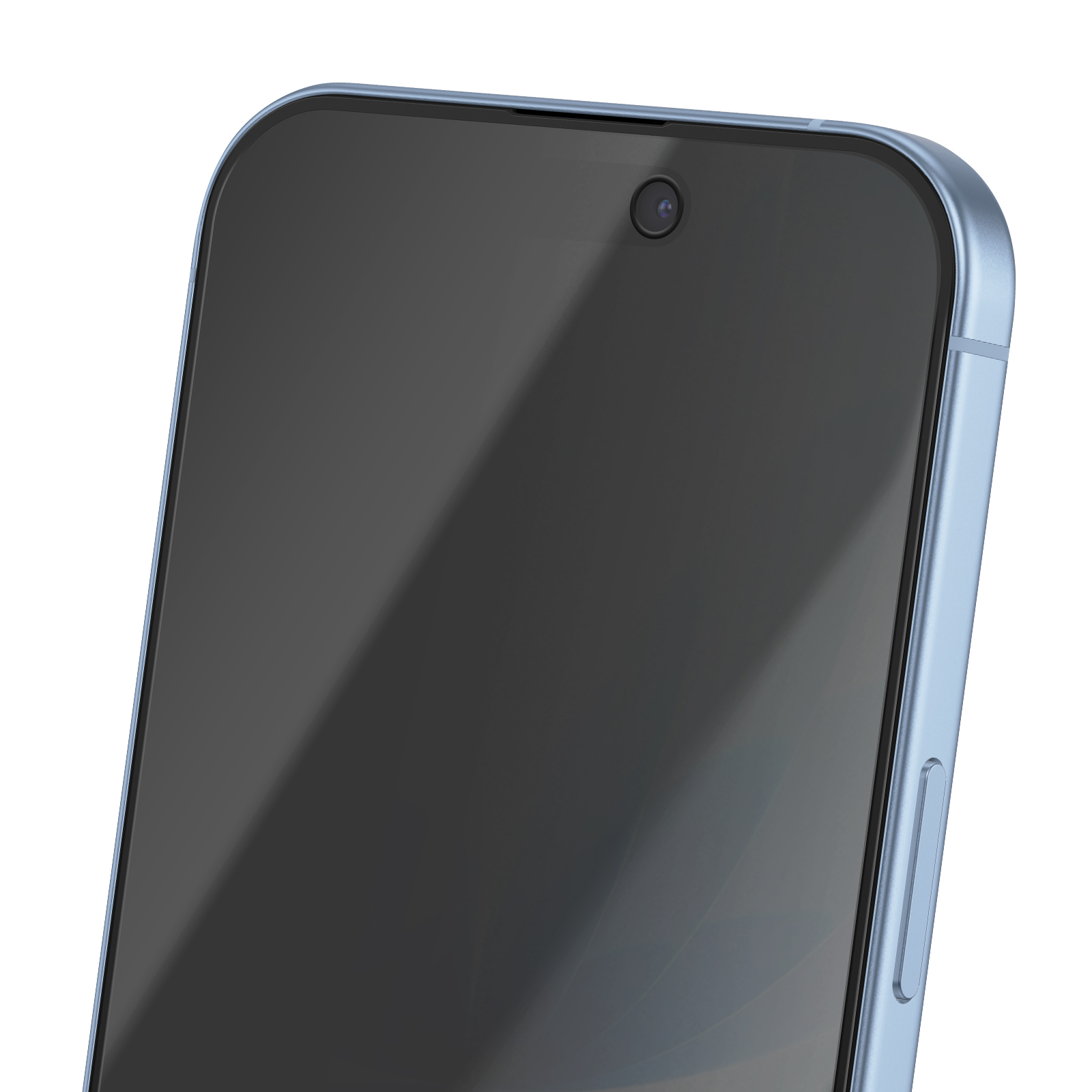 Gros plan d'un smartphone bleu. L'écran est sombre avec une caméra. Le bord du téléphone est bleu.