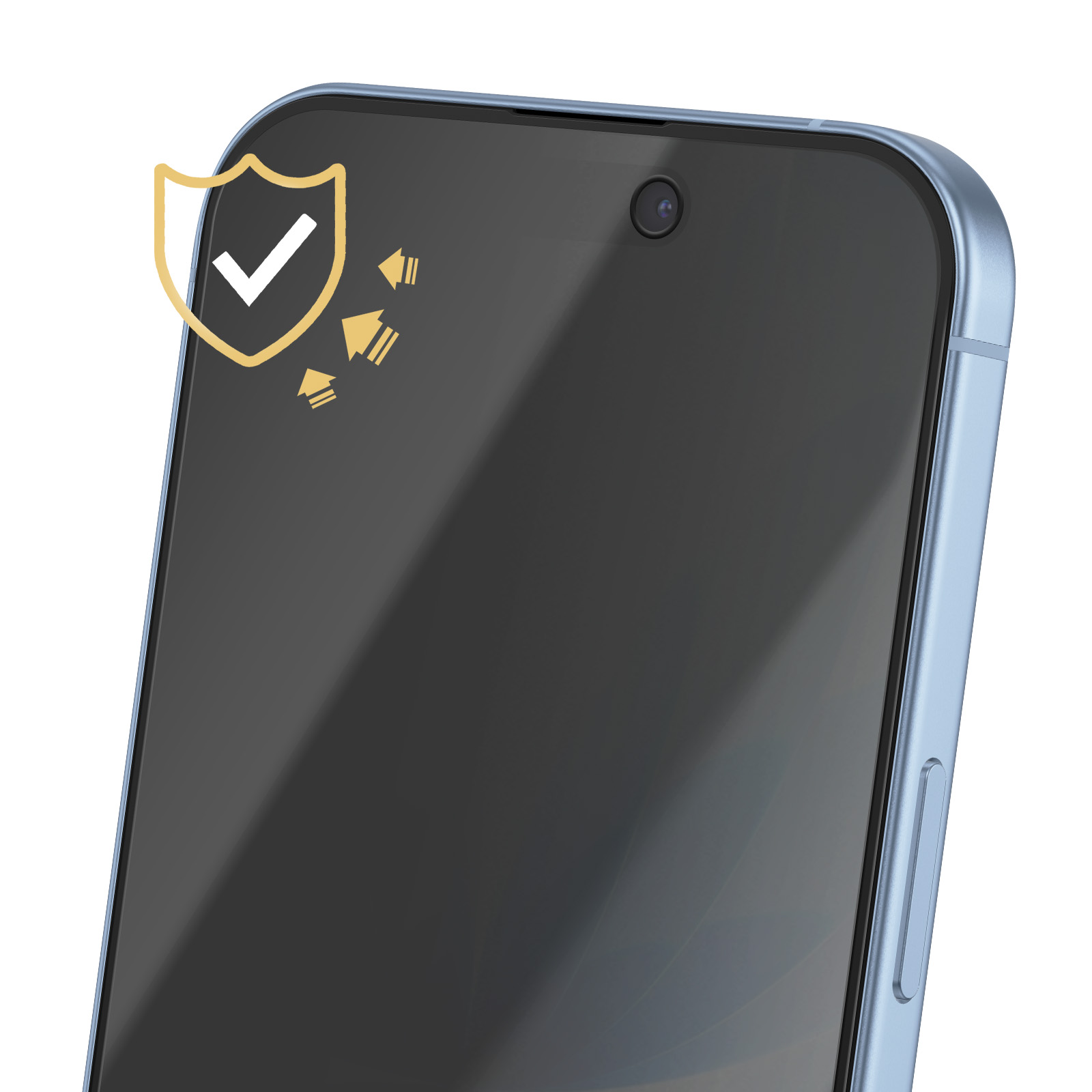 Un smartphone bleu clair avec un protecteur d'écran. Une icône de bouclier et des flèches sur l'écran.