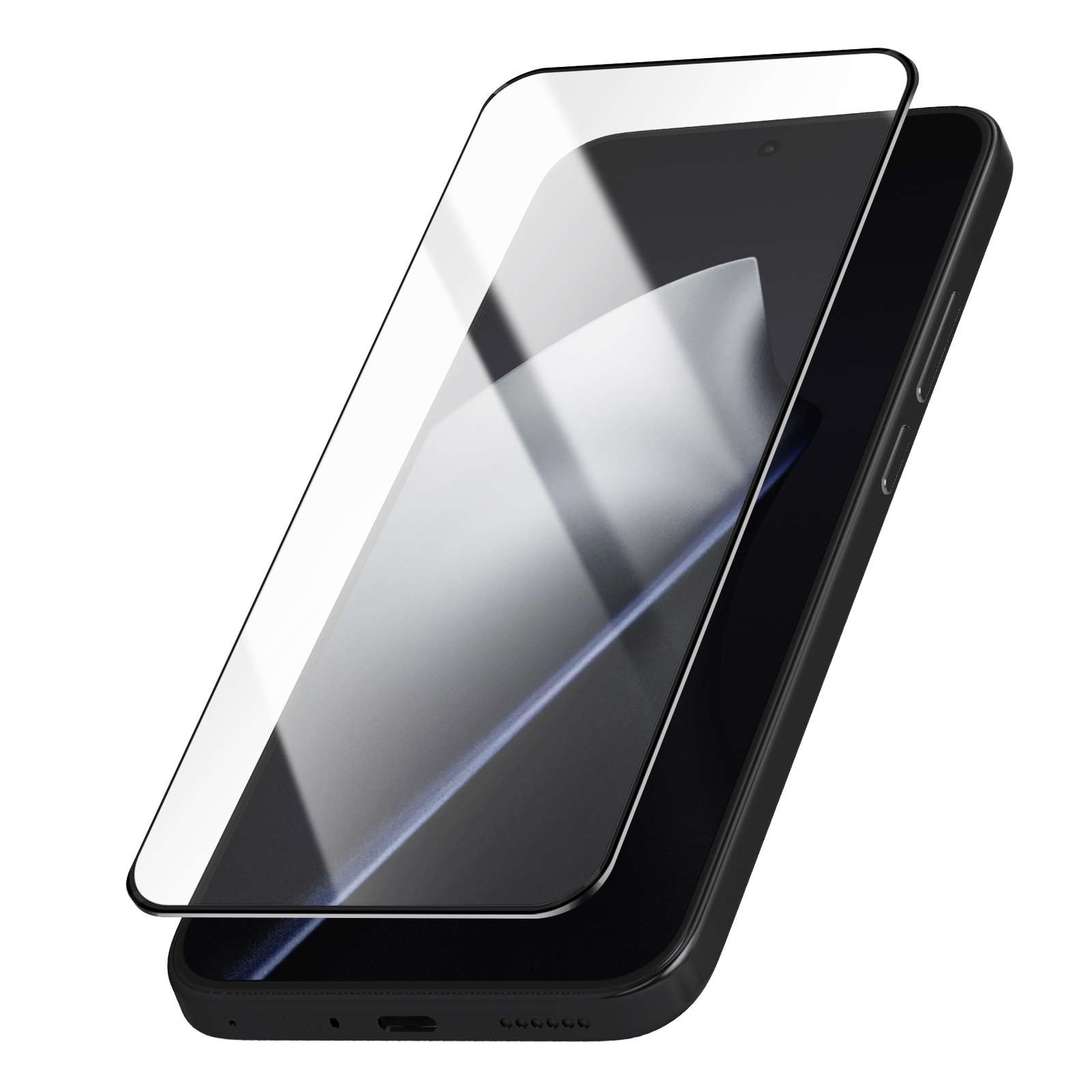 Een smartphone met een schermbeschermer. De telefoon is zwart, de beschermer is helder. De beschermer is gedeeltelijk opgetild.