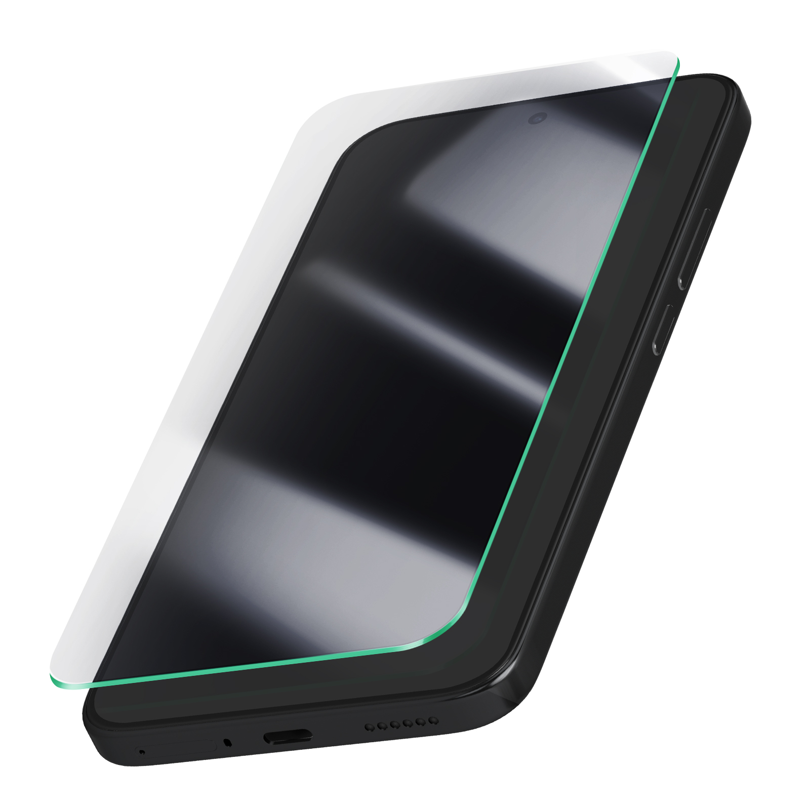 Een zwarte smartphone met een screenprotector erop. De protector is transparant met een groene rand.