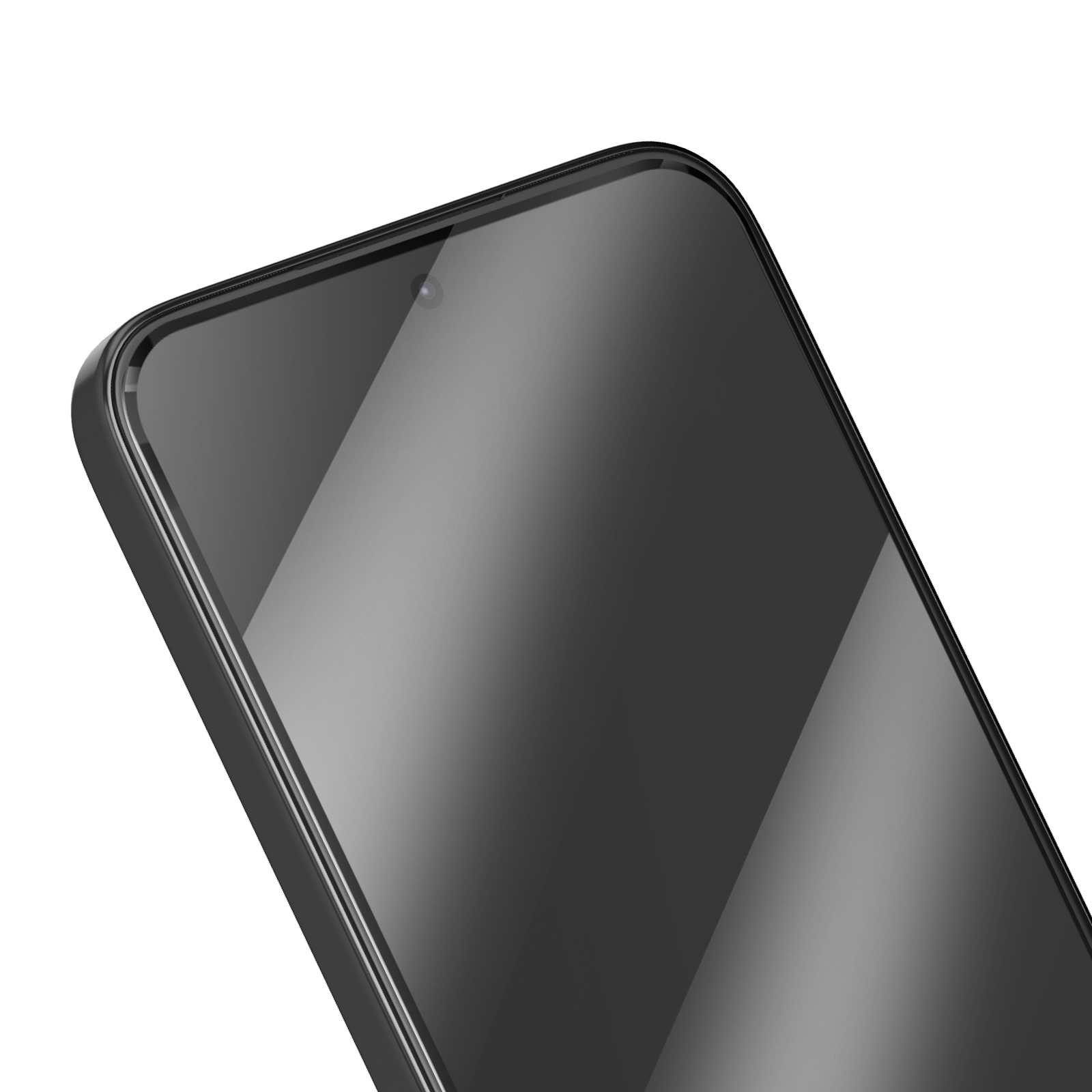 Close-up van een zwart smartphonescherm met cameralens. Het scherm reflecteert licht. Witte achtergrond.