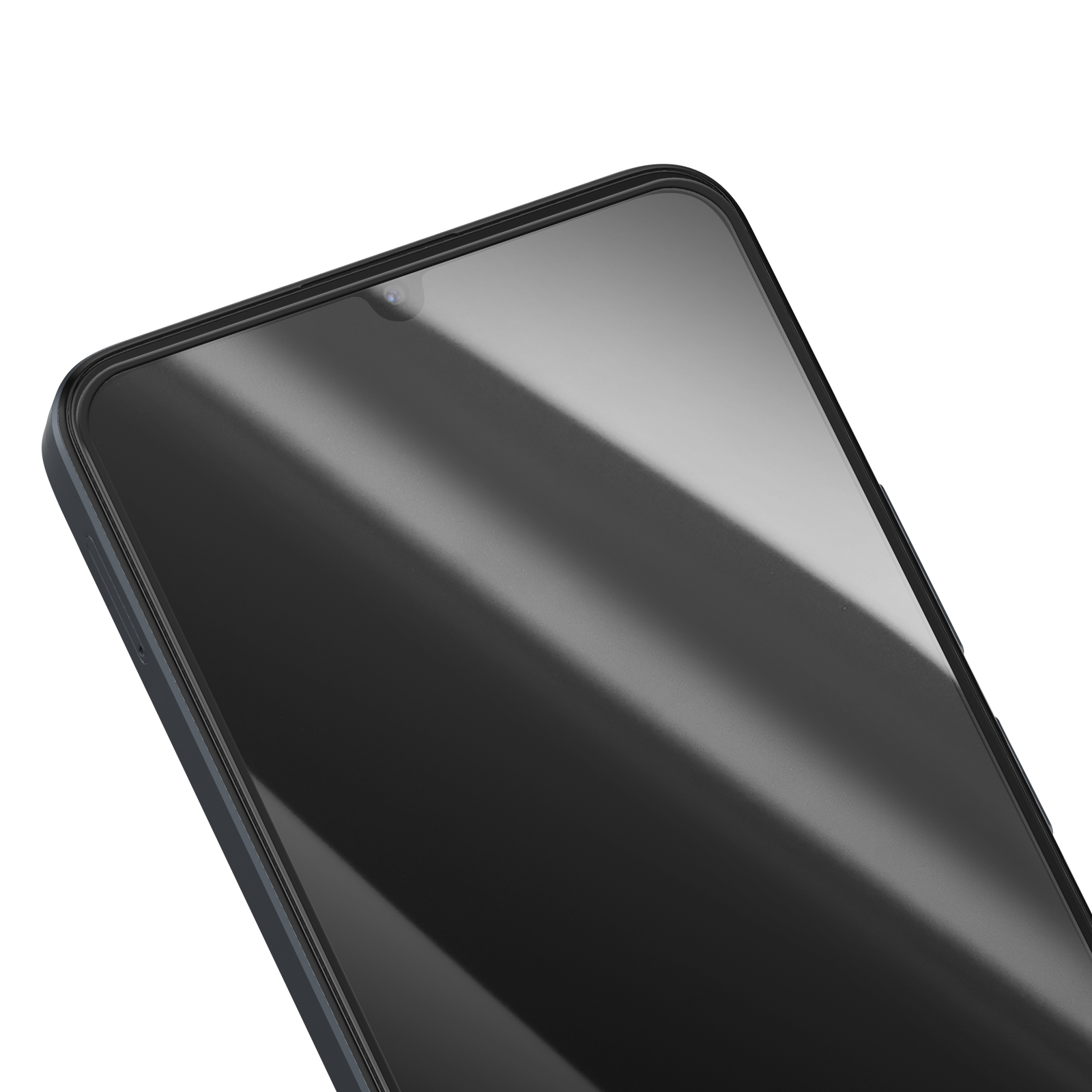 Primo piano dello schermo di uno smartphone. Lo schermo è scuro con una fotocamera in alto. Il telefono ha una cornice grigio scuro.