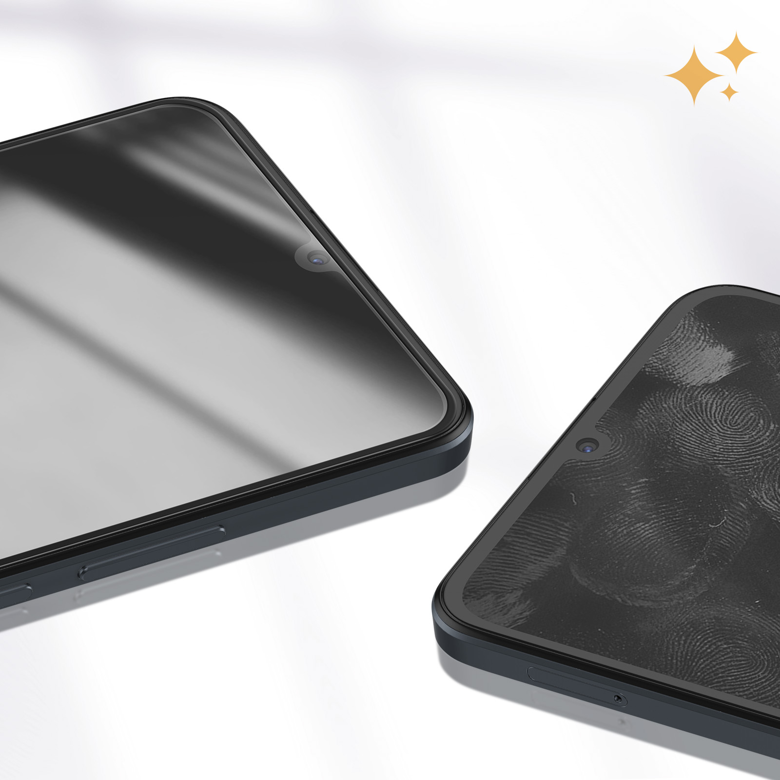 Due smartphone con schermi neri. Uno è pulito, l'altro ha impronte digitali. Sfondo bianco con glitter dorati.