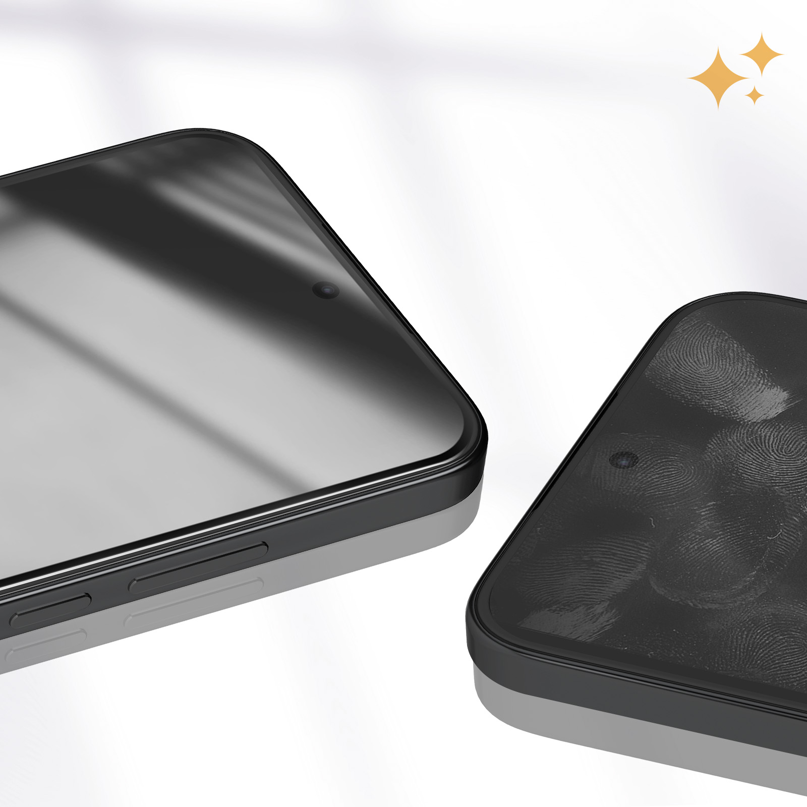 Twee smartphones, één schoon, één met vingerafdrukken. Grijs en zwart ontwerp. Witte achtergrond met sparkles.
