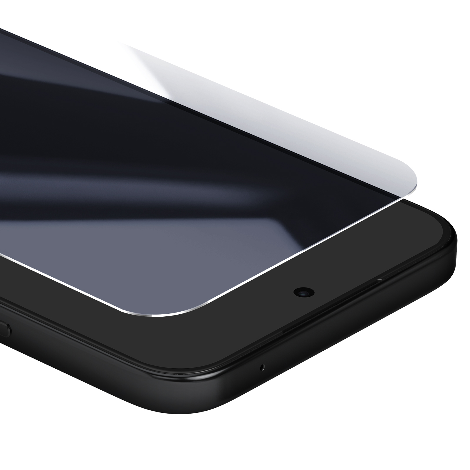 Een zwarte smartphone met een schermbeschermer aangebracht. De beschermer is gedeeltelijk opgetild. De achtergrond is wit.