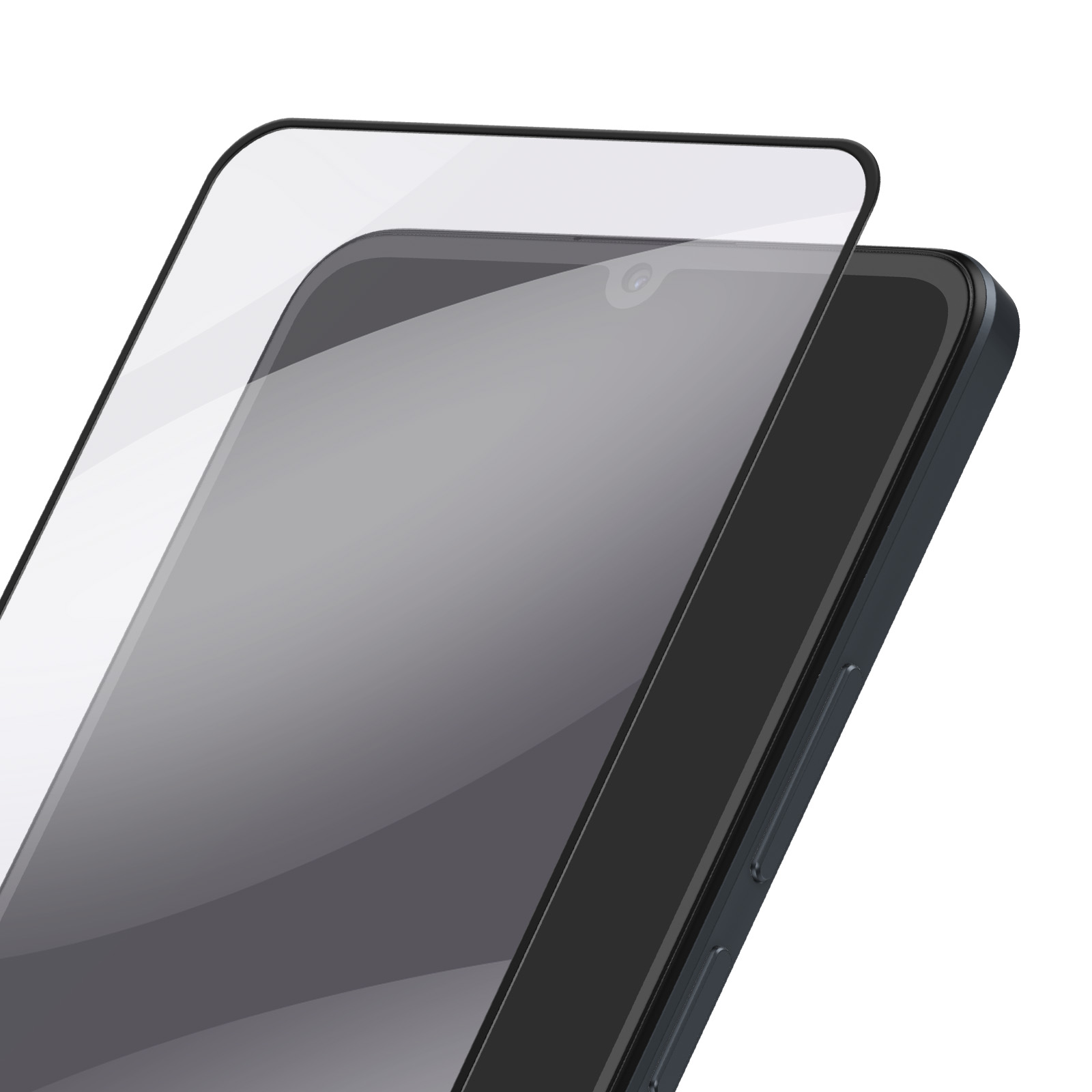 Uno smartphone con una protezione schermo applicata. Il telefono è grigio scuro, la protezione è trasparente.