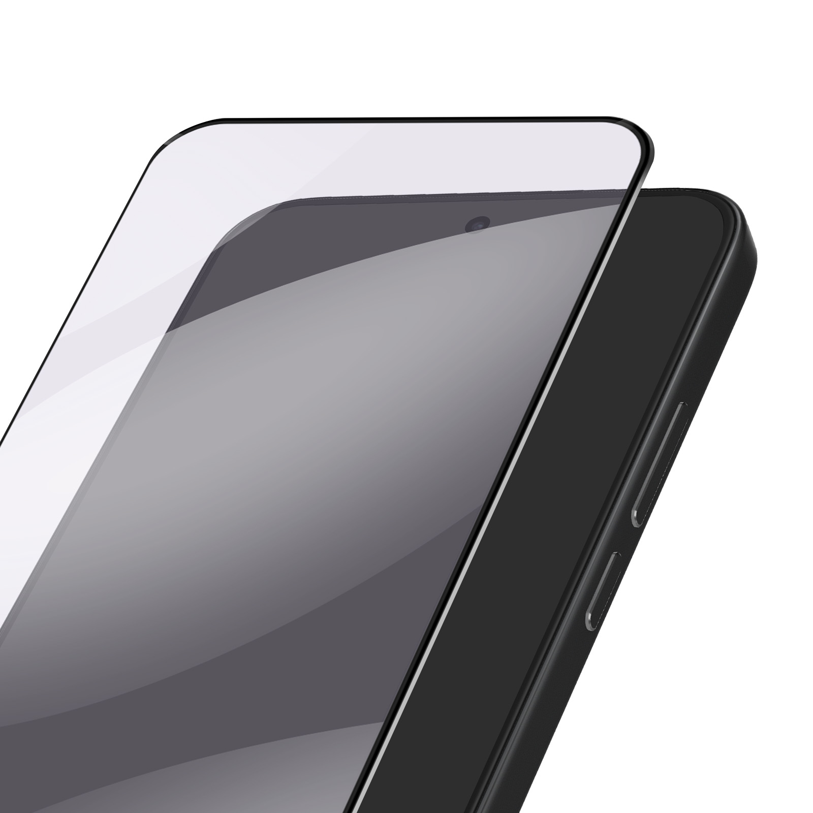 Een close-up van een zwarte smartphone met een schermbeschermer. Het scherm is grijs en de rand zwart. Witte achtergrond.