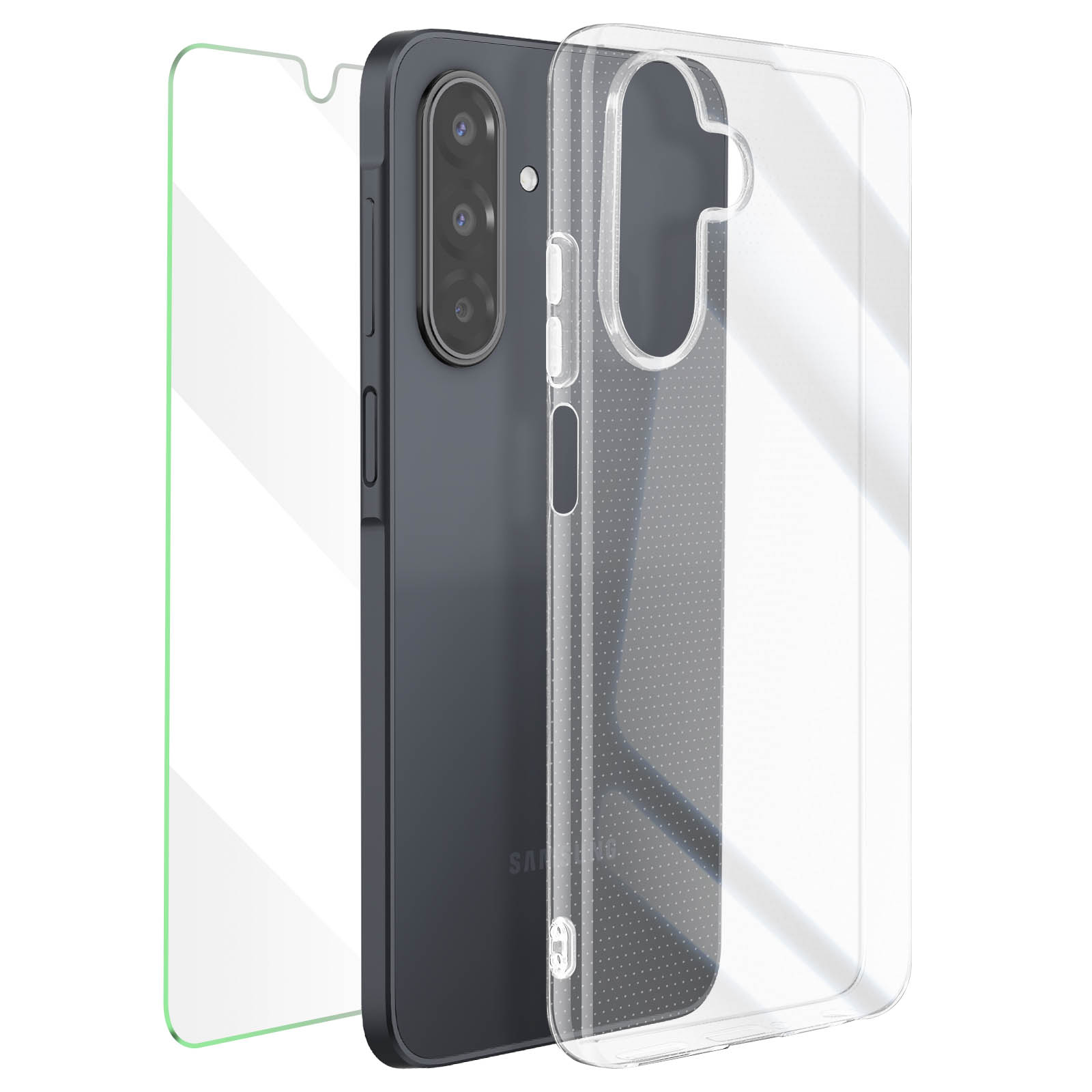 Uno smartphone con protezione schermo e custodia trasparente. Il telefono è grigio scuro, la protezione ha un bordo verde.