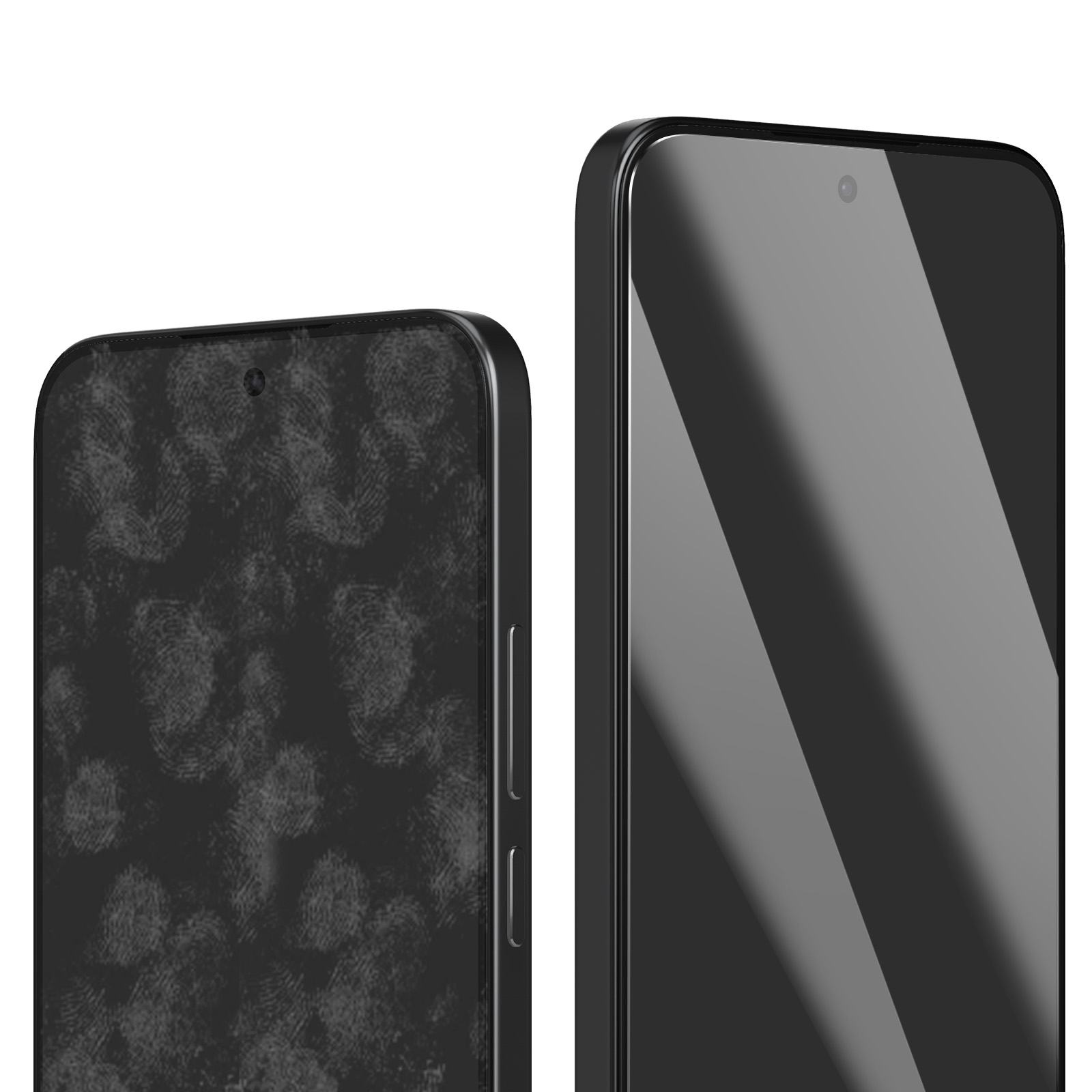 Twee zwarte smartphones op een witte achtergrond. Eén heeft een scherm vol vingerafdrukken, de andere is schoon en reflecterend.