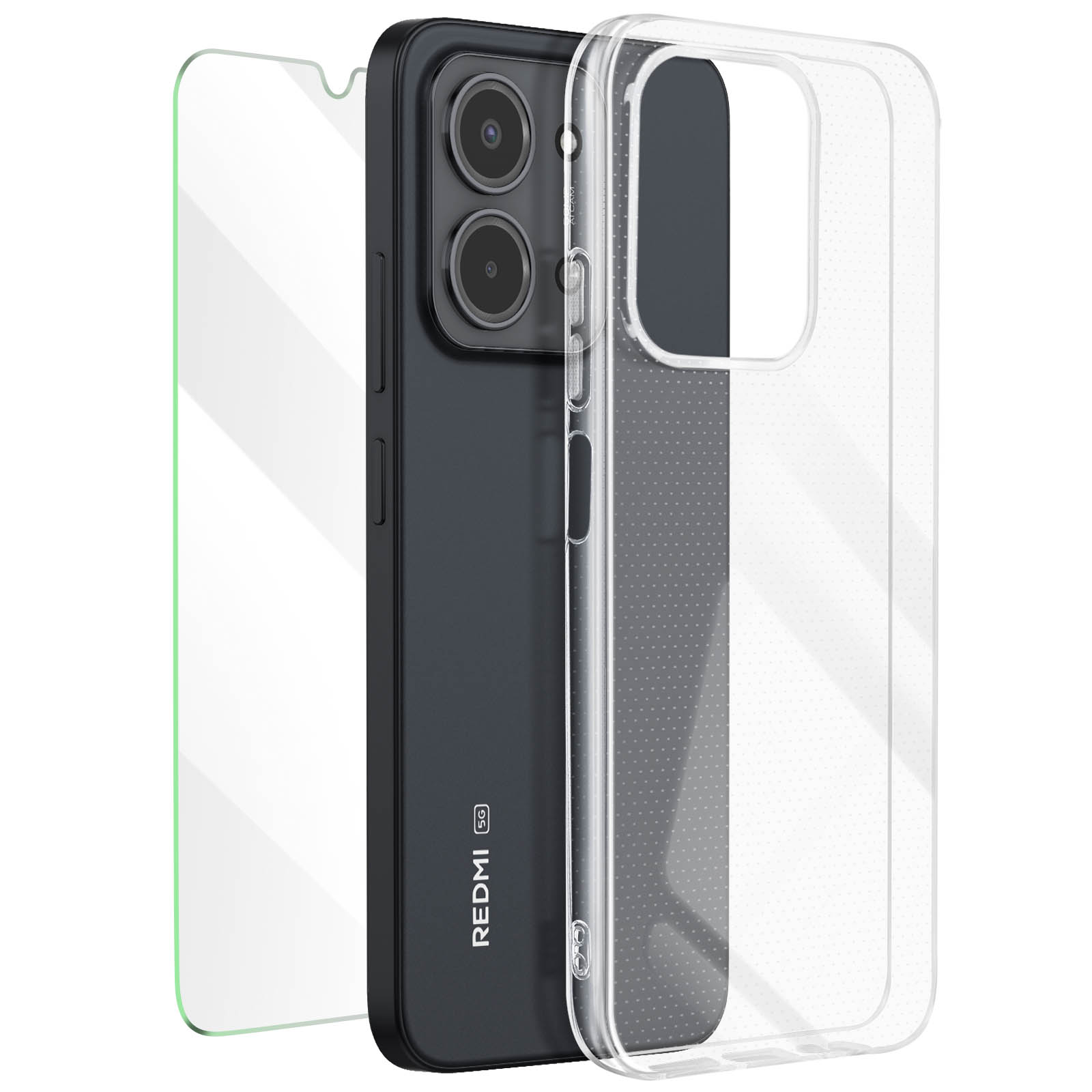 Un telefono Redmi 5G grigio scuro con protezione schermo e custodia trasparente. Sono visibili due fotocamere.