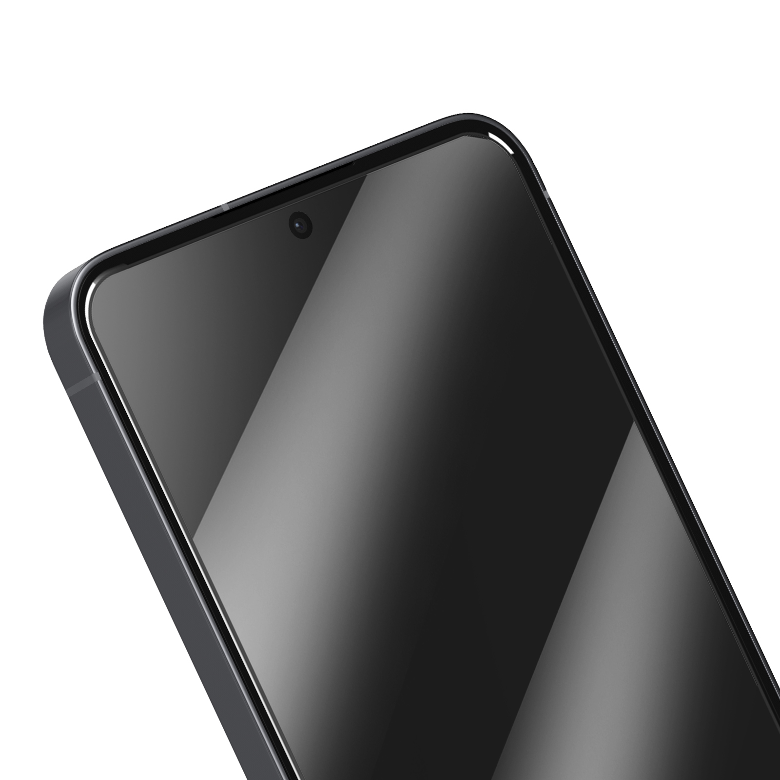 Gros plan sur un smartphone noir. L'écran est sombre, l'objectif de la caméra est visible. Fond blanc.