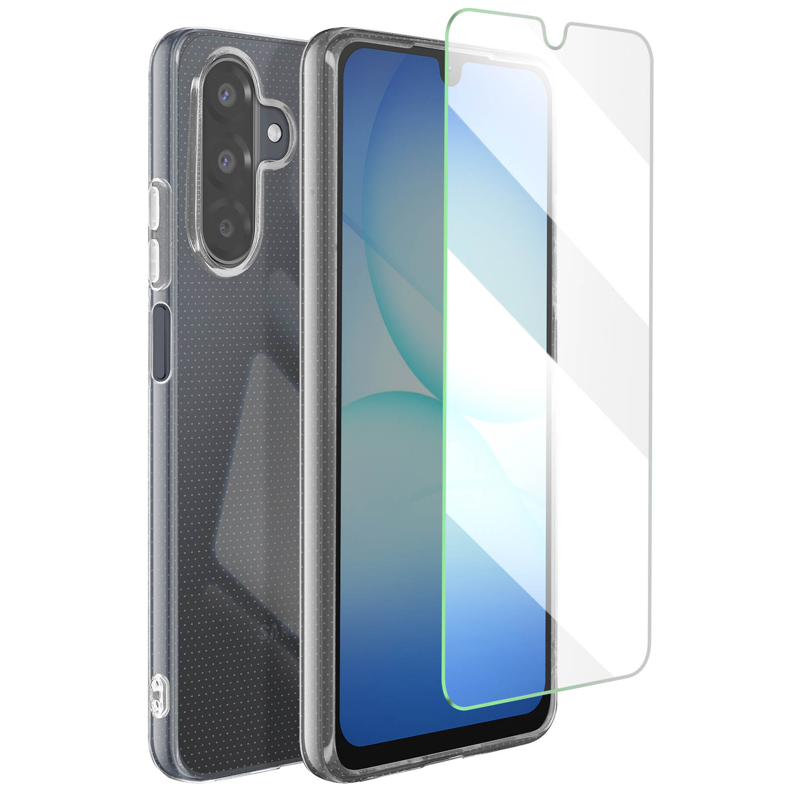 Una custodia trasparente per telefono, uno schermo del telefono e una protezione per lo schermo sono visualizzati su sfondo bianco.