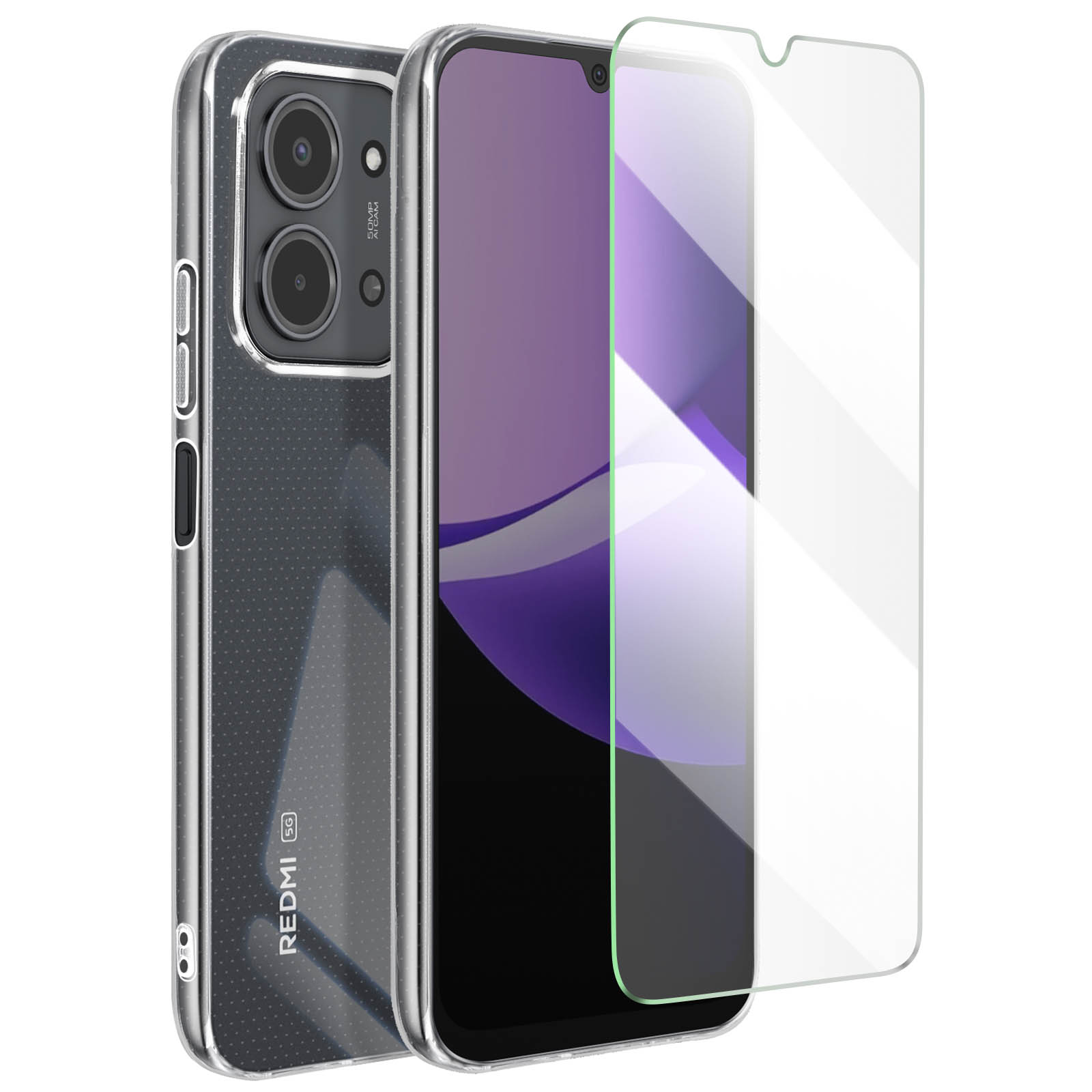 Un telefono in una custodia trasparente, con una protezione per lo schermo. Il telefono ha un rigonfiamento della fotocamera. La protezione è trasparente.