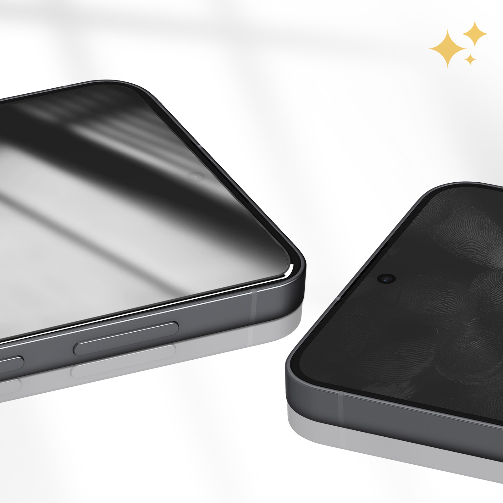 Deux smartphones sur une surface blanche. L'un a un écran noir avec des marques, l'autre un écran réfléchissant.