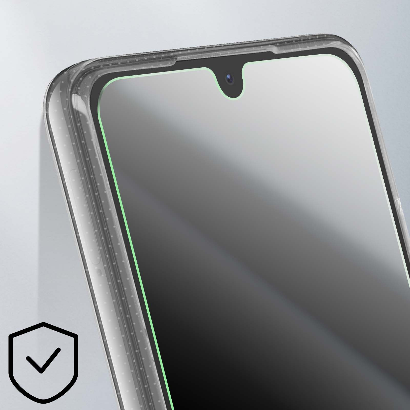 Primo piano di un telefono con custodia protettiva. Lo schermo è scuro, con fotocamera frontale. Linea di accento verde visibile.