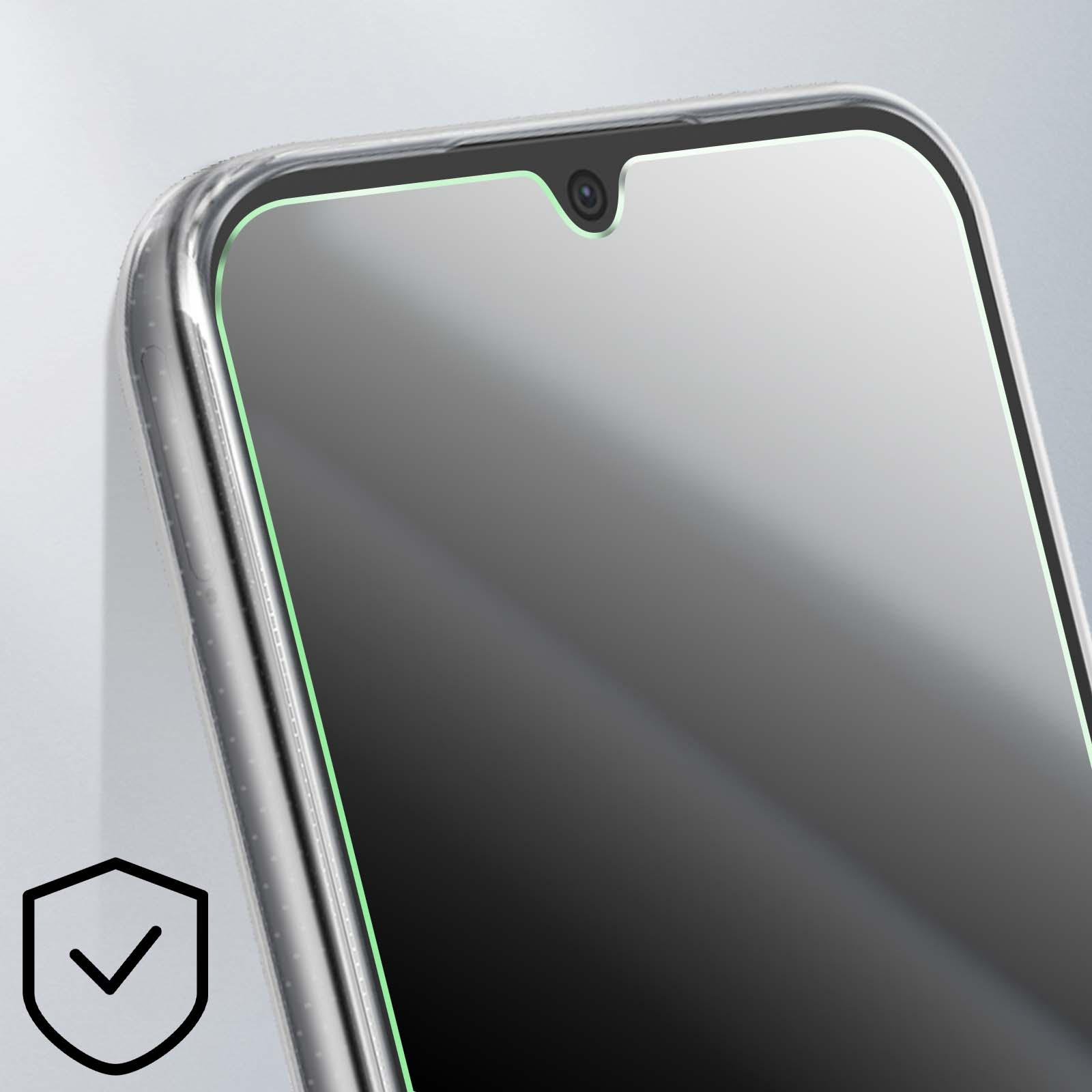 Primo piano di uno schermo del telefono con una custodia protettiva. Lo schermo è grigio scuro con un notch per la fotocamera. Un bordo verde è visibile.