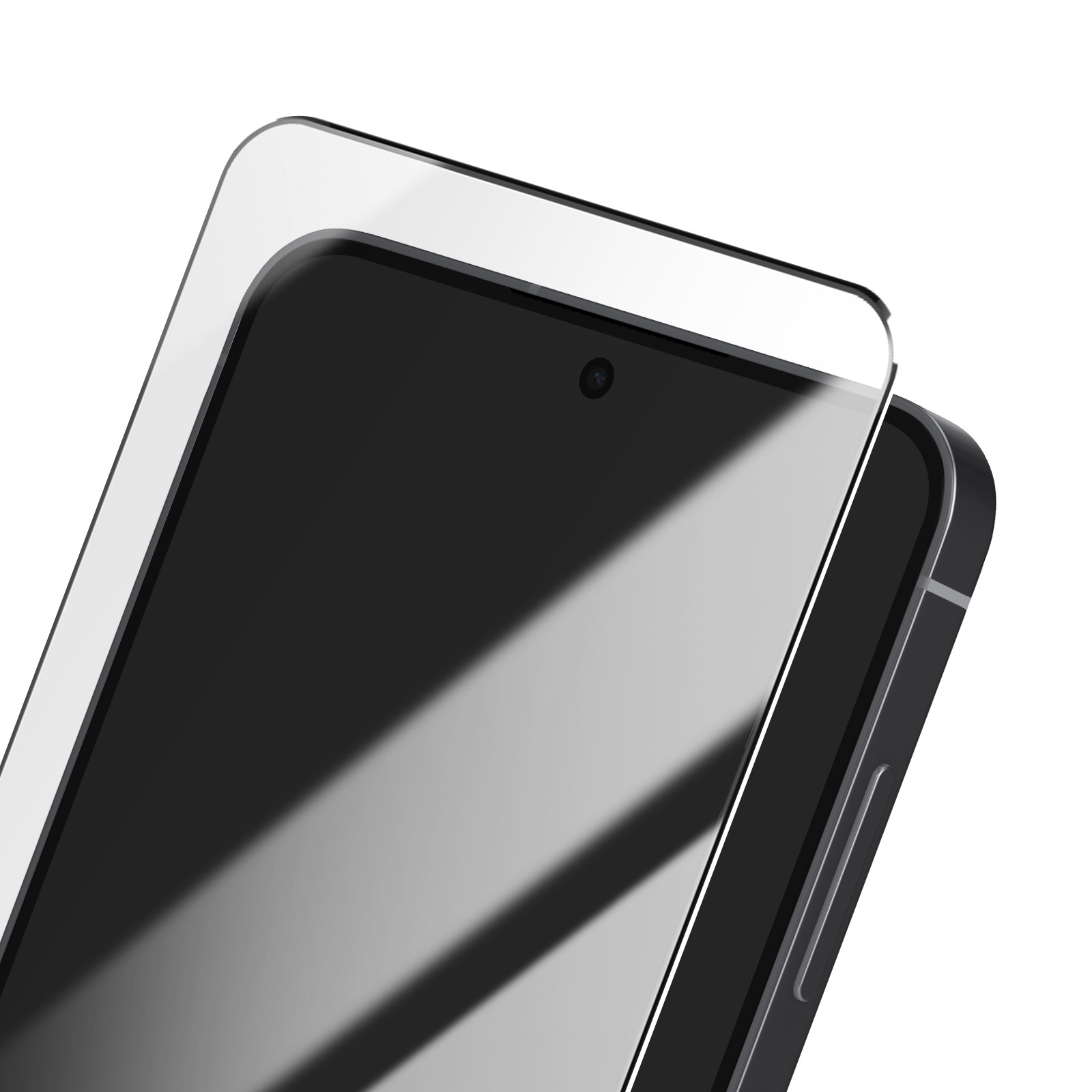 Écran de smartphone avec protecteur. L'écran est noir, avec une caméra. Fond blanc.