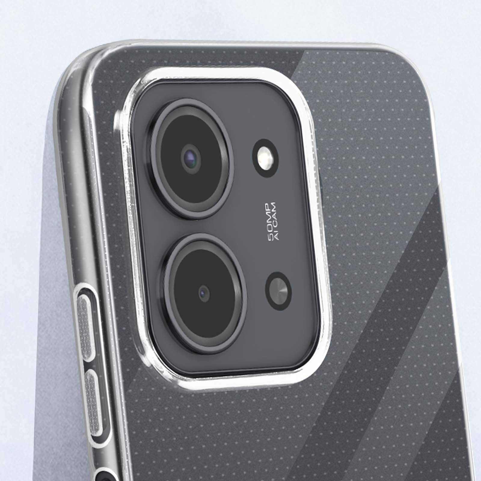 Primo piano del modulo fotocamera di un telefono con due lenti, un flash e testo, racchiuso in una custodia trasparente. Il retro è grigio.